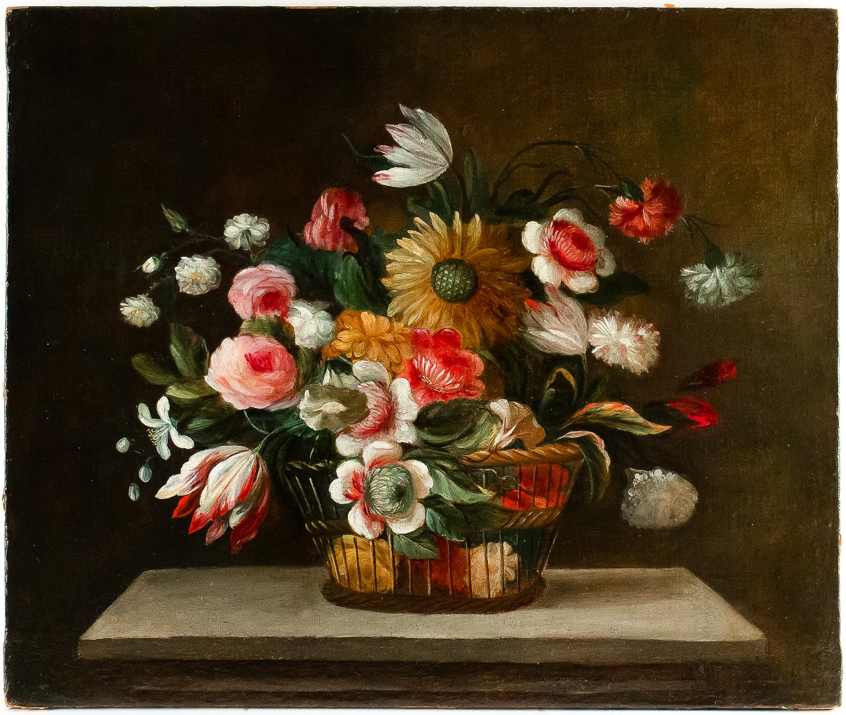 18th century French School, oil on canvas bouquets of flowers with sunflower

Much quality on this gorgeous and decorative oil on canvas, depicting a flower bouquets with a sunflower on the center resting on marble-ledge.

Late 18th century or