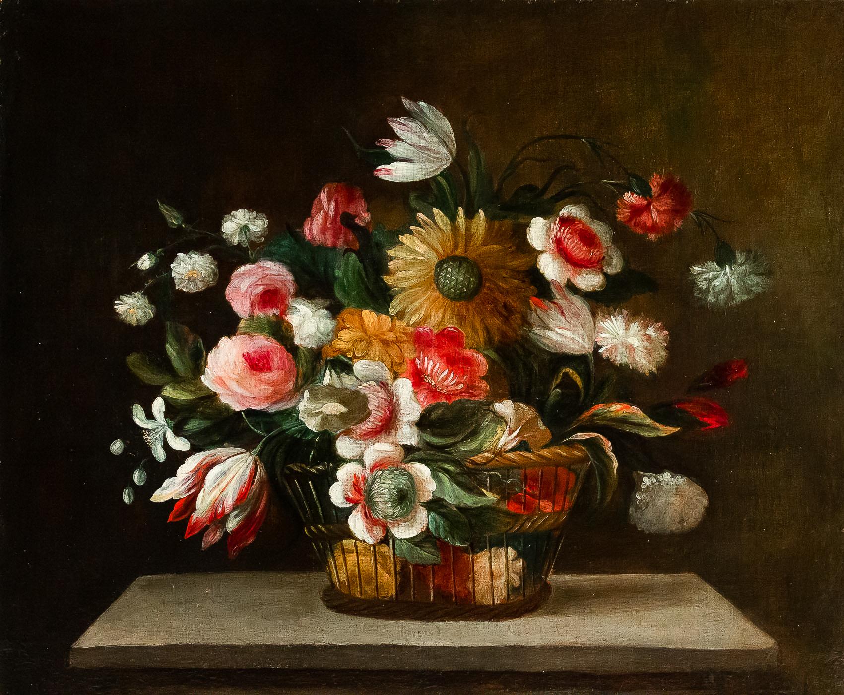 Painted 18th Century French School, Oil on Canvas Bouquets of Flowers with Sunflower For Sale