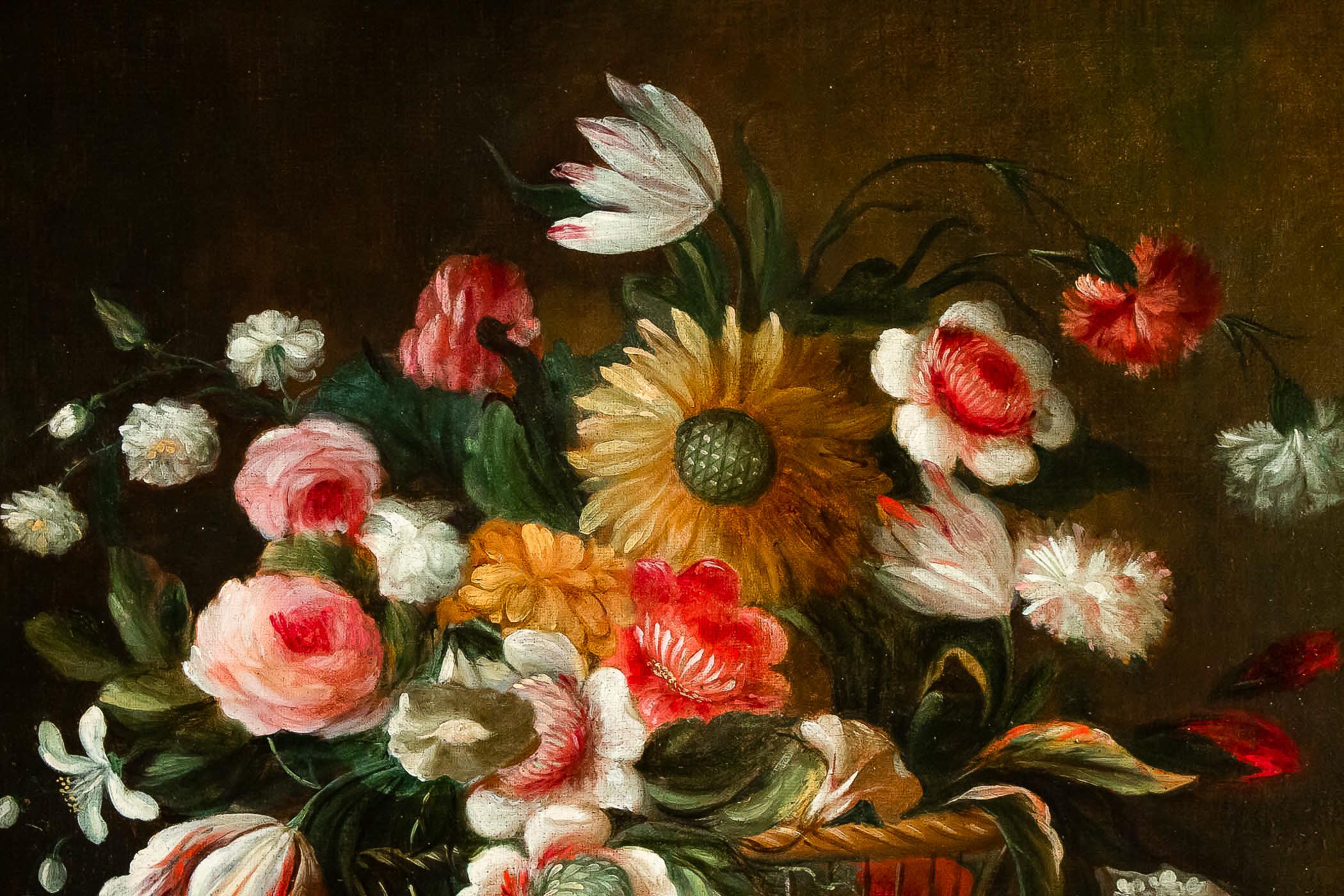 18th Century French School, Oil on Canvas Bouquets of Flowers with Sunflower For Sale 1
