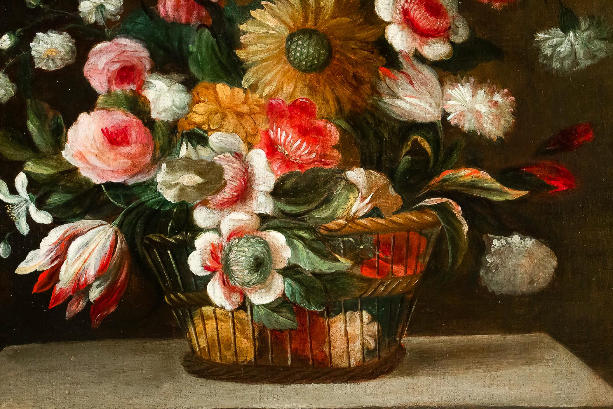 18th Century French School, Oil on Canvas Bouquets of Flowers with Sunflower For Sale 3