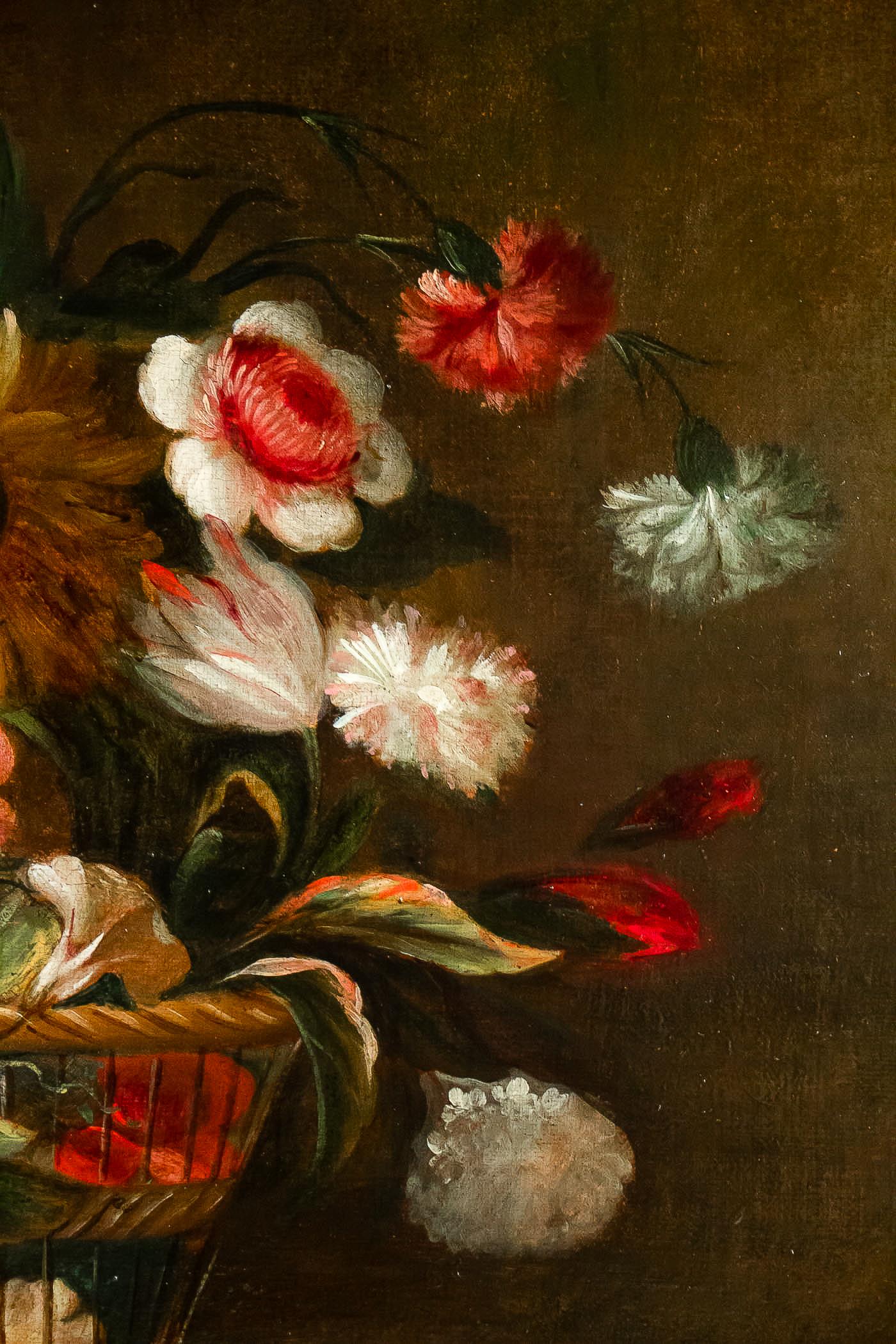 18th Century French School, Oil on Canvas Bouquets of Flowers with Sunflower For Sale 4