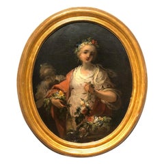 18th Century French School Oval Painting Portrait of Young Women