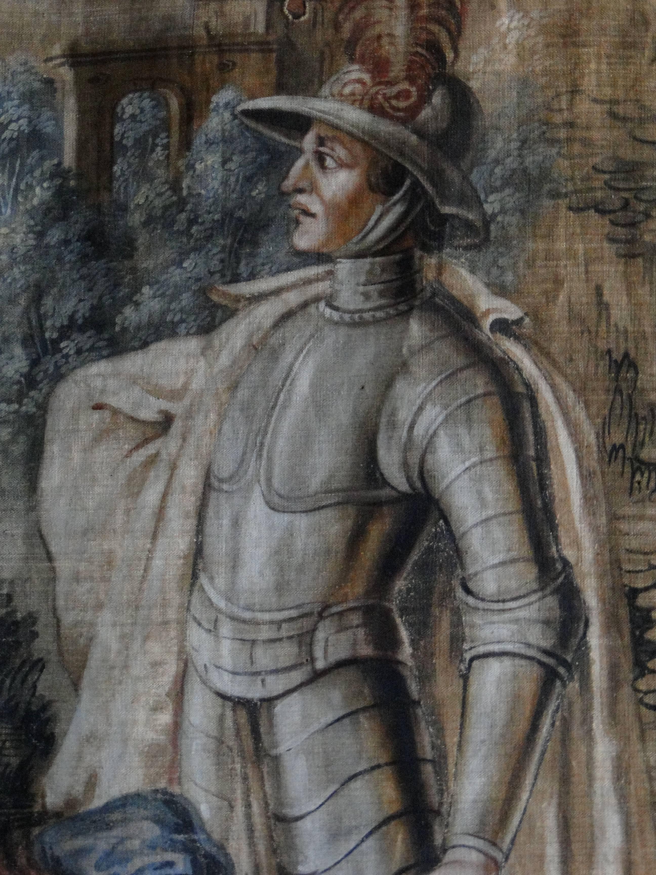 18th century painted canvas , carton or model for Tapisserie. French school. Knight in armor with servant in landscape. Not framed. Measures: Width 145 cm, height 265. Restorations, but beautiful and rare piece!