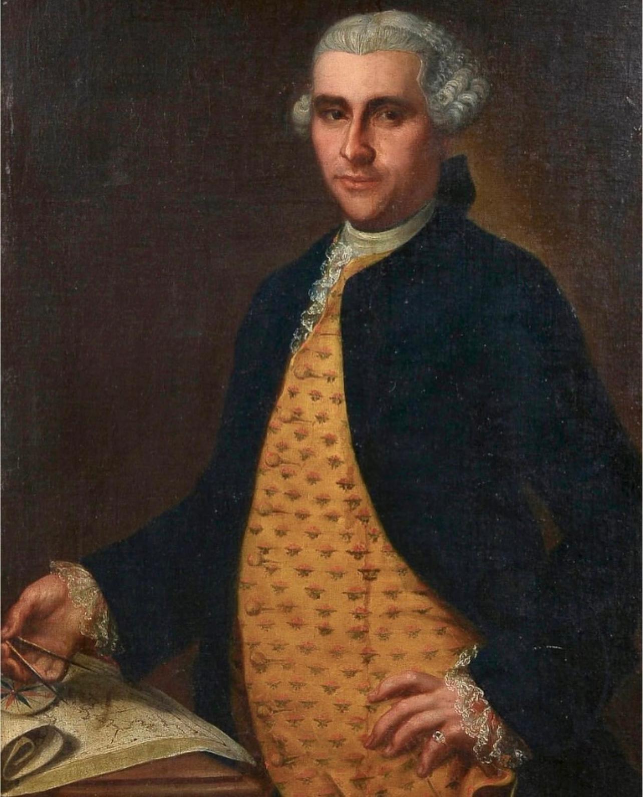 Raffinato ritratto del 18° secolo di esploratore/navigatore mercantile, grande olio con cornice dorata - Painting di 18th Century French School