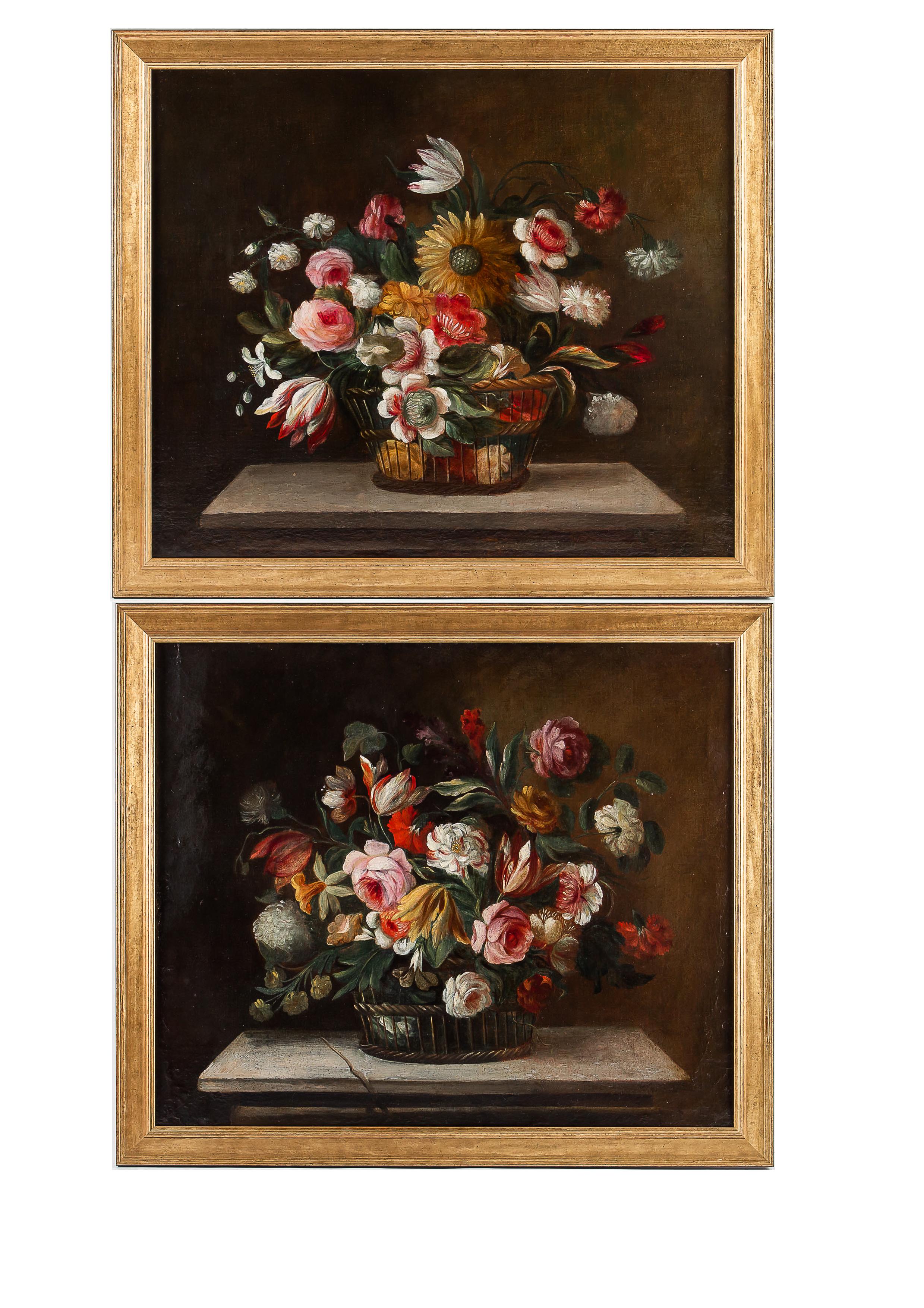 18th century French school, pair of oil on canvas bouquets of flowers with sunflower and roses.

Much quality on this lovely and decorative pair of oil on canvas, depicting flower bouquets with sunflower and Roses on marble-ledge.

Late 18th or