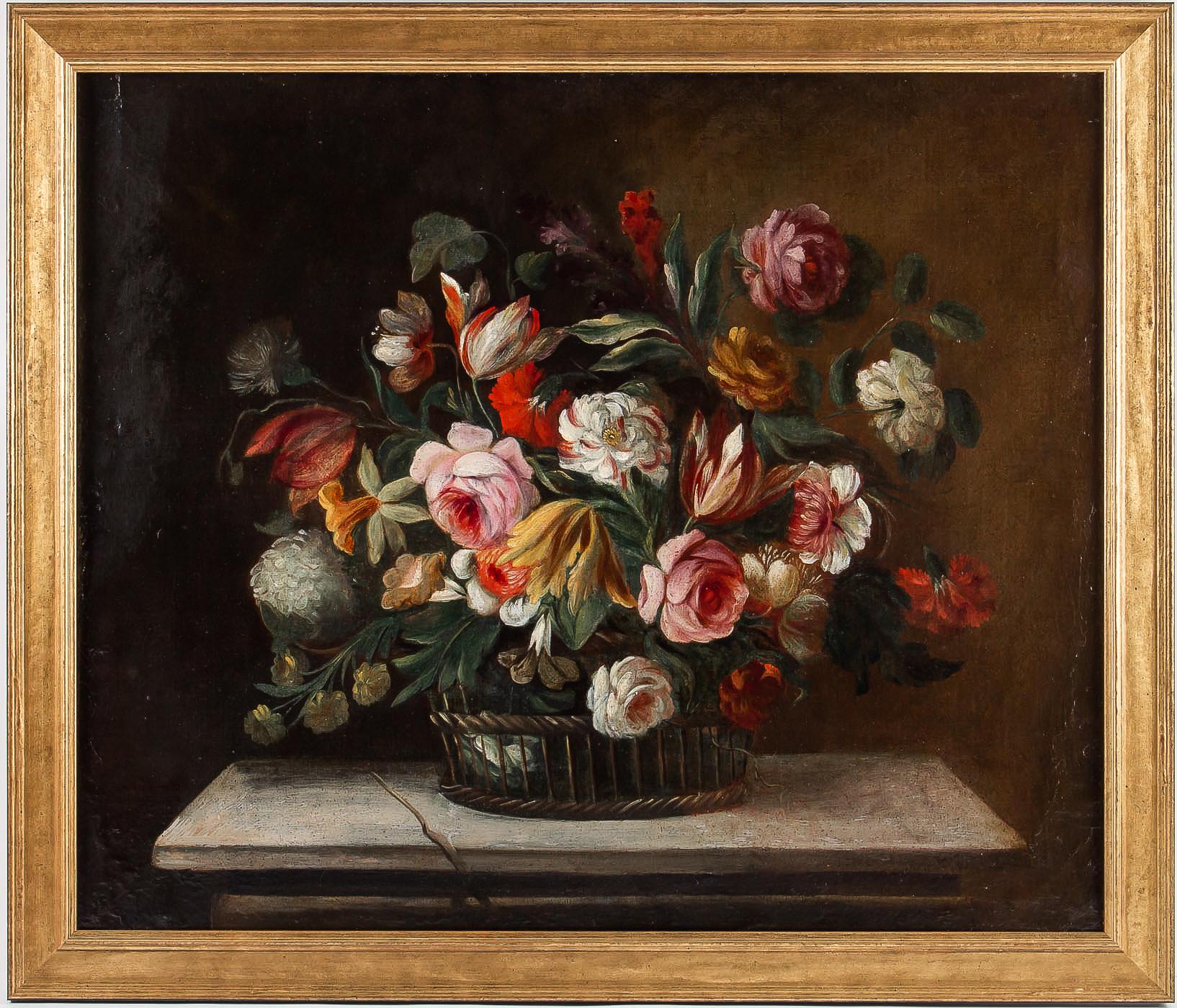 Oiled 18th Century French School, Pair of Oil on Canvas Bouquets of Flowers