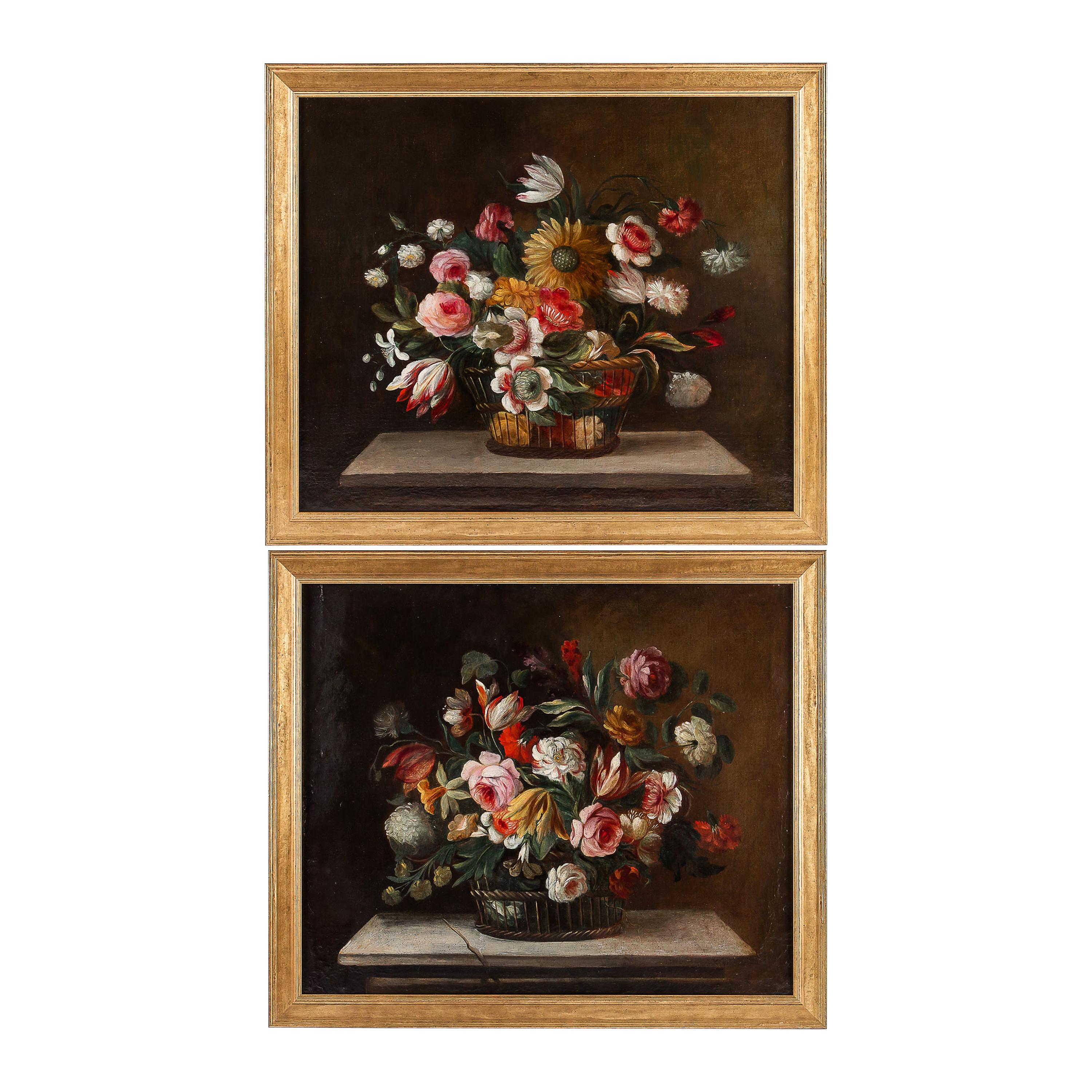 18th Century French School, Pair of Oil on Canvas Bouquets of Flowers