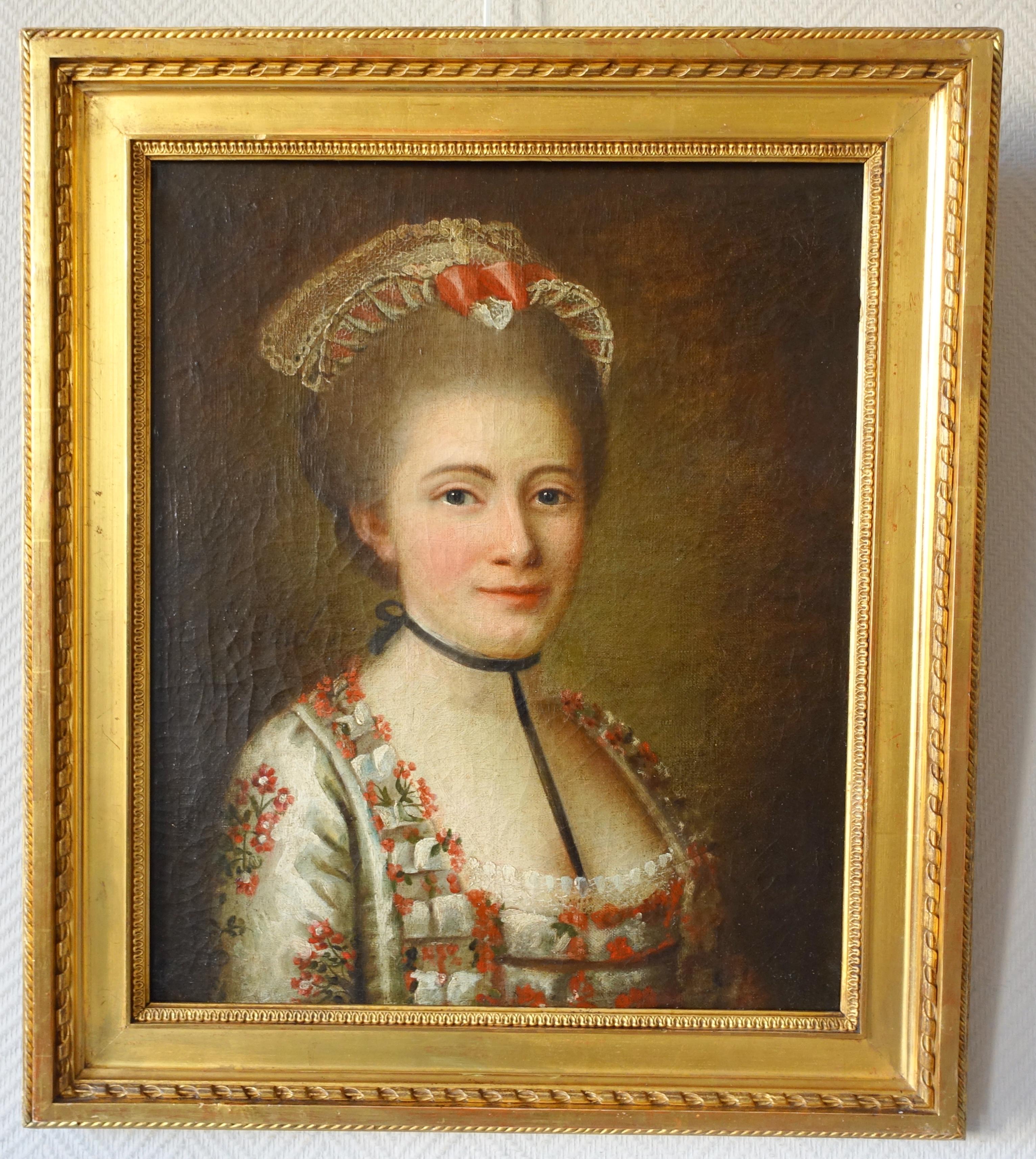 18th century French school, portrait of an aristocrat woman circa 1760 - 1770, oil on canvas set into a Louis XVI style frame (the frame is a 19th century production ; it is gilt with gold leaf).
Our fine portrait is signed Mrs. Porcher (