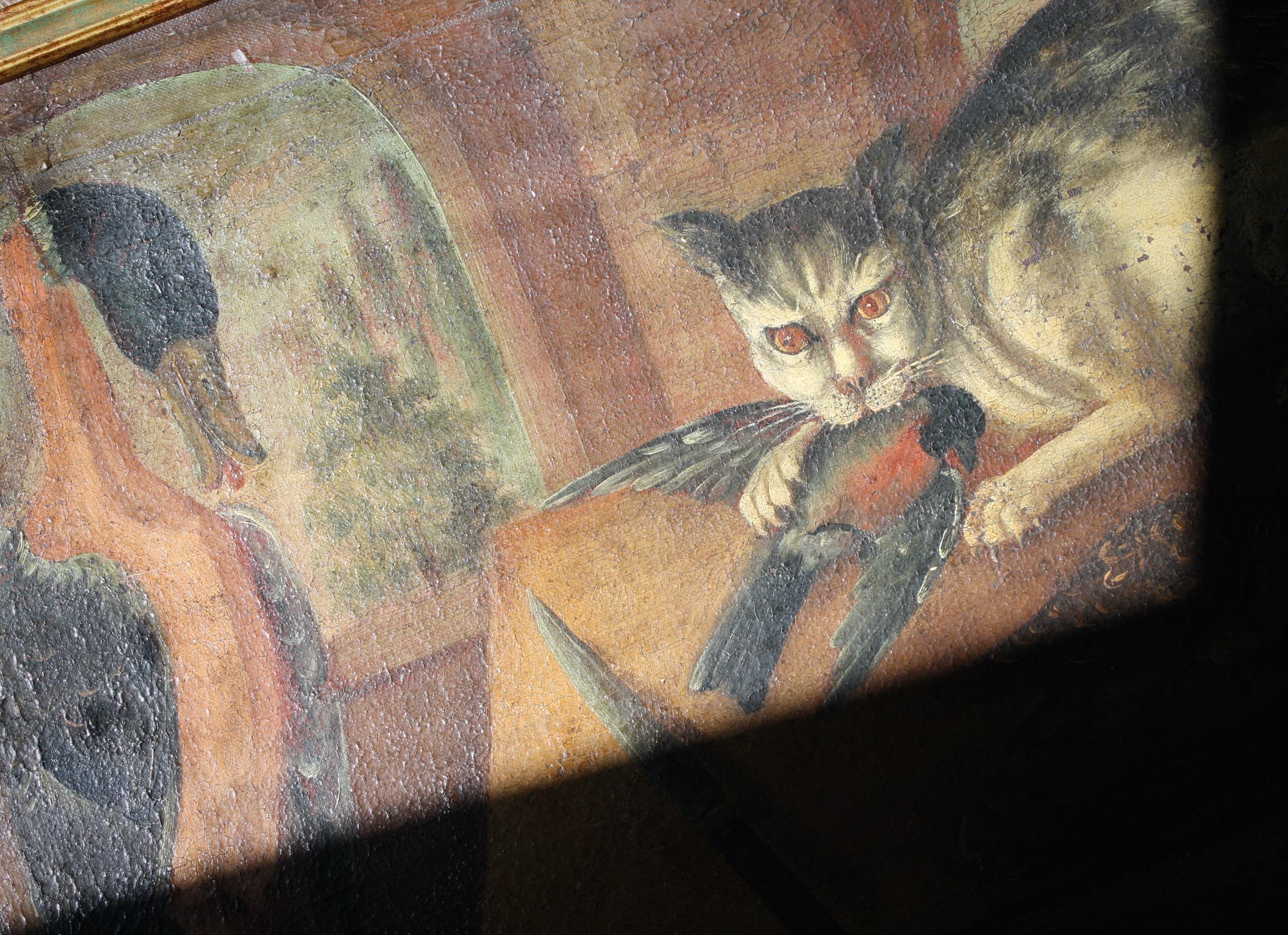 18th Century French School Provincial Folk Art Oil on Canvas the Unruly Cat 4