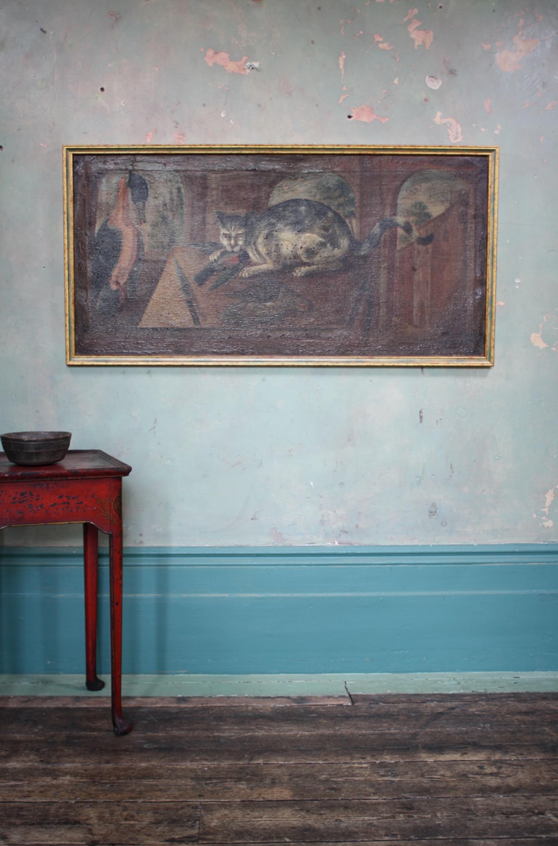 A 18th century French provincial school oil on canvas interior scene, of a mischievous cat having a spot of lunch.

The cat appears to have a devilish persona with ruby red eyes and ears pricked. 

The canvas is taught and stable, with heavy