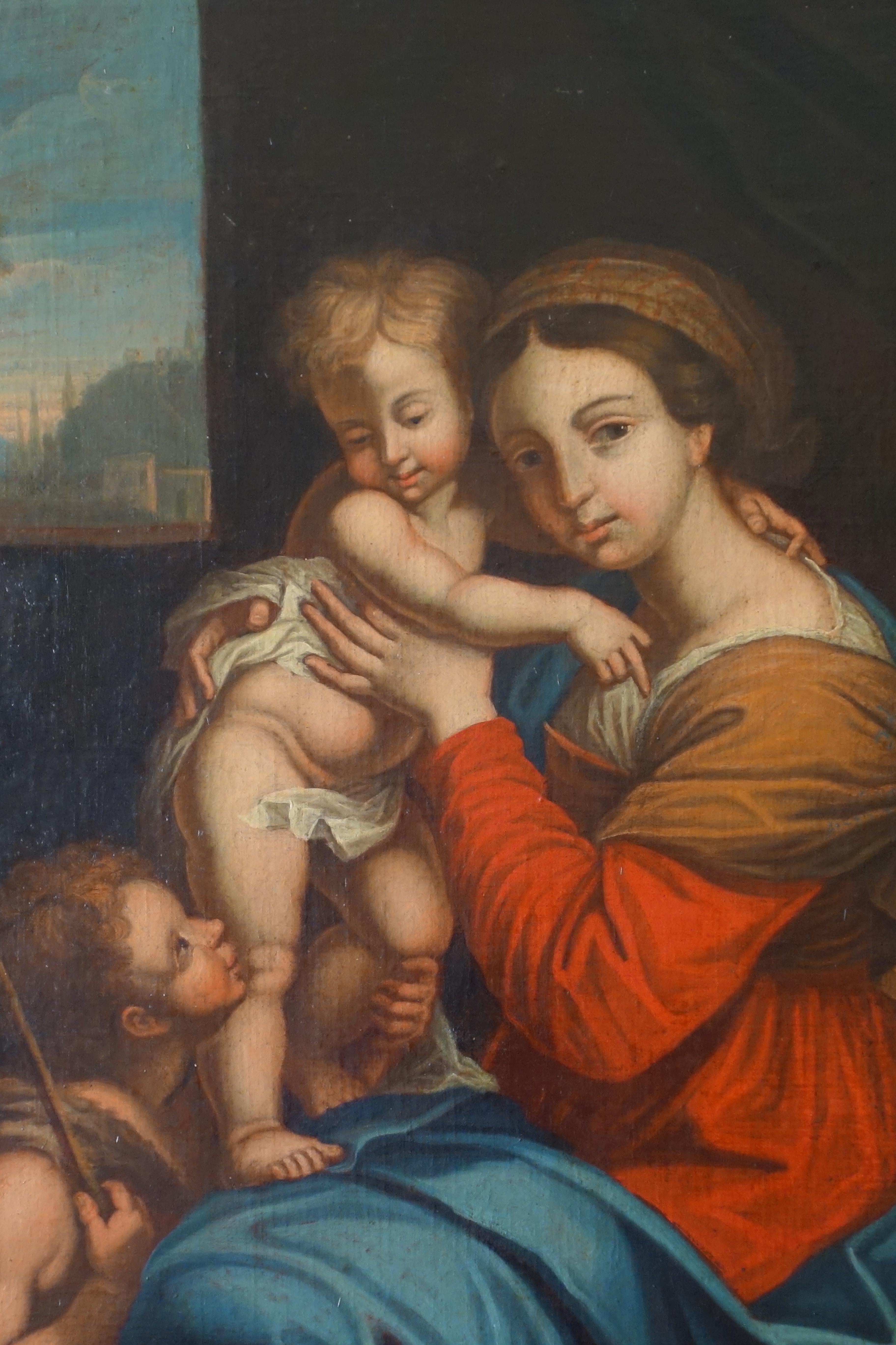 Late 18th century or early 19th century French school, antique painting featuring the Virgin Mary holding Jesus Child, Saint John the Baptist around.
Our work has been painted using the configuration of famous Madonna of the Chair by Italian master
