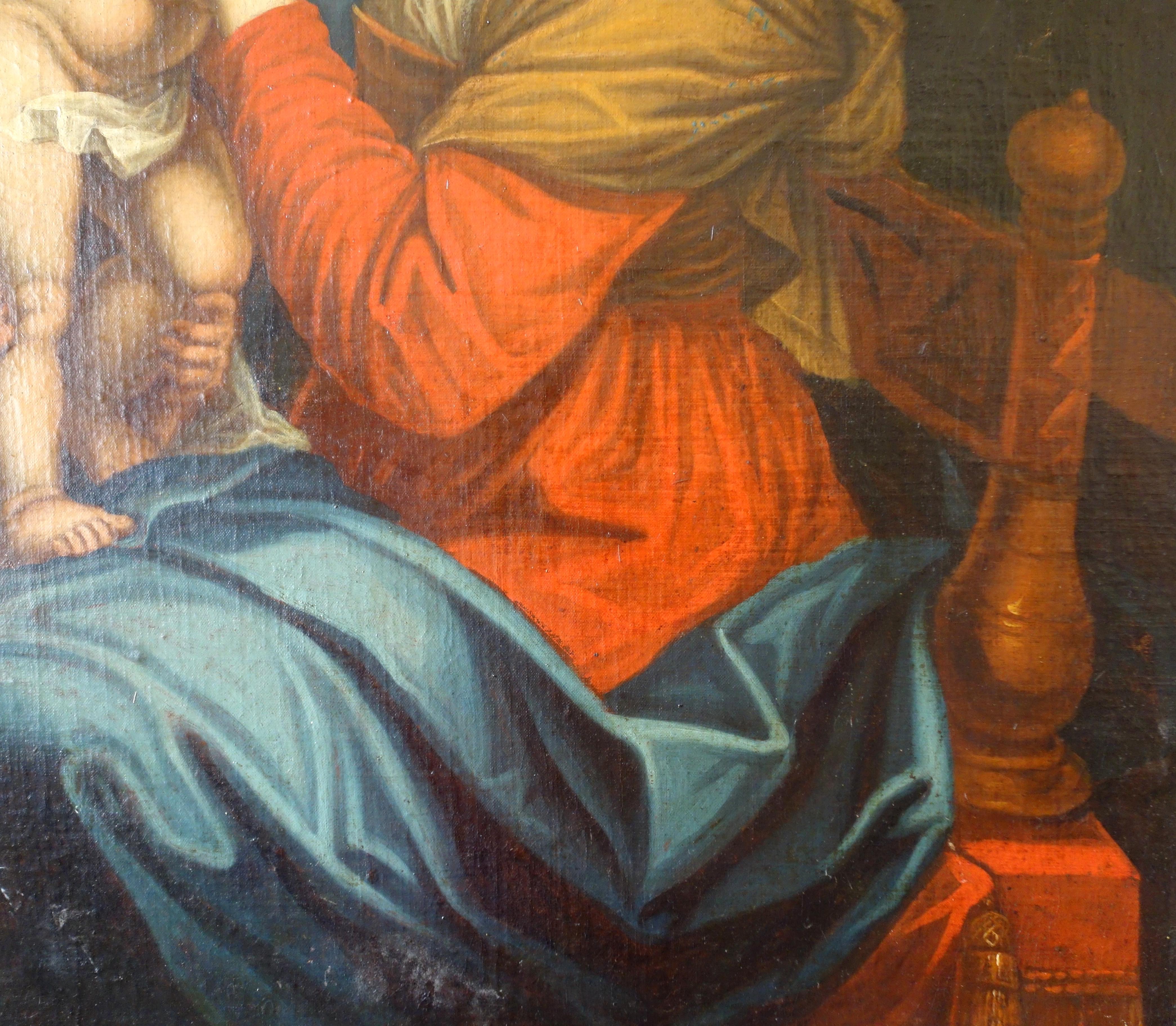 Huilé École française du XVIIIe siècle, tableau de la Vierge Marie et de l'Enfant Jésus d'après Raphael en vente