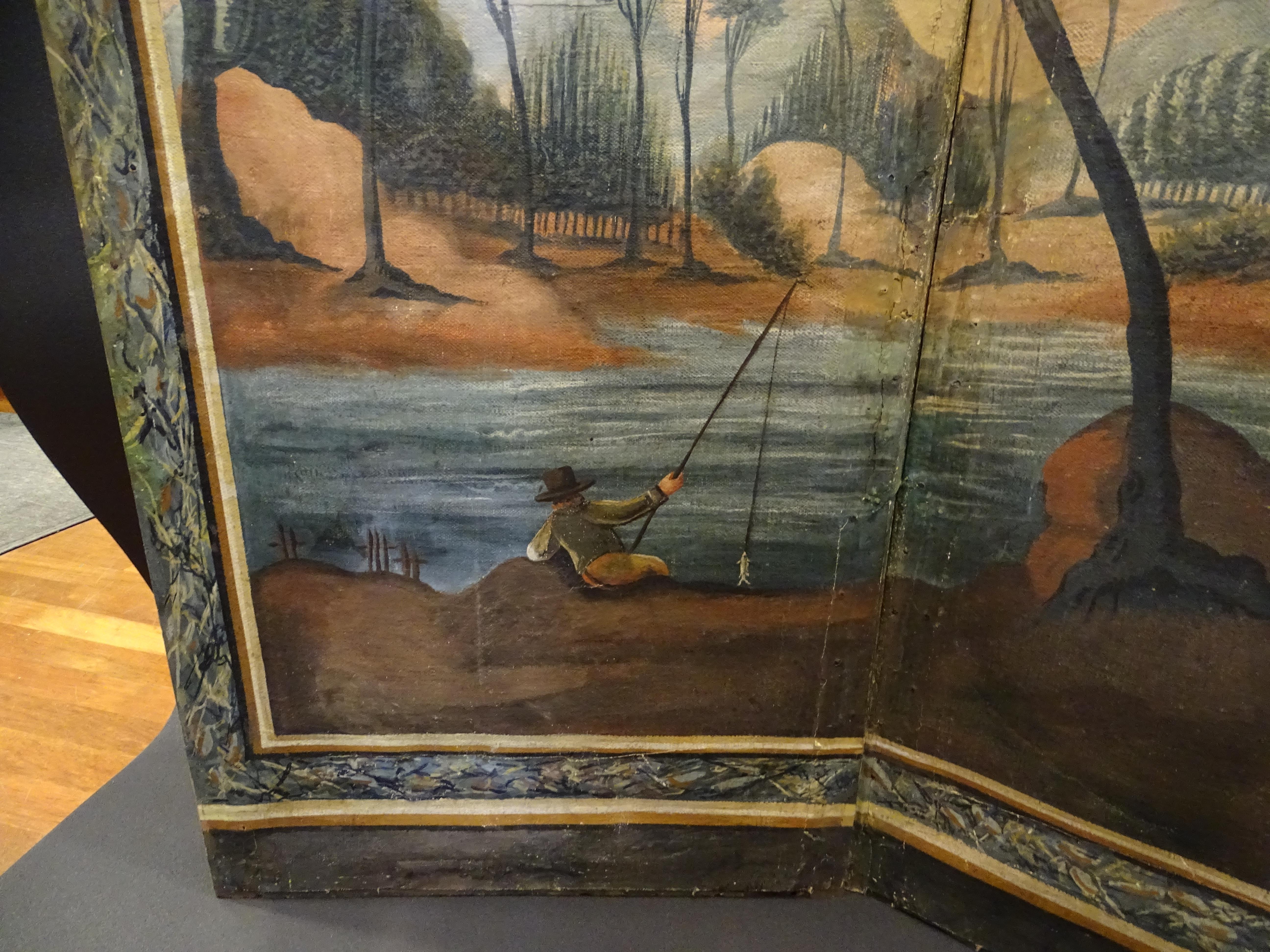 18th Century French Screen Oil on Canvas, Two Leaf, Landscape 8