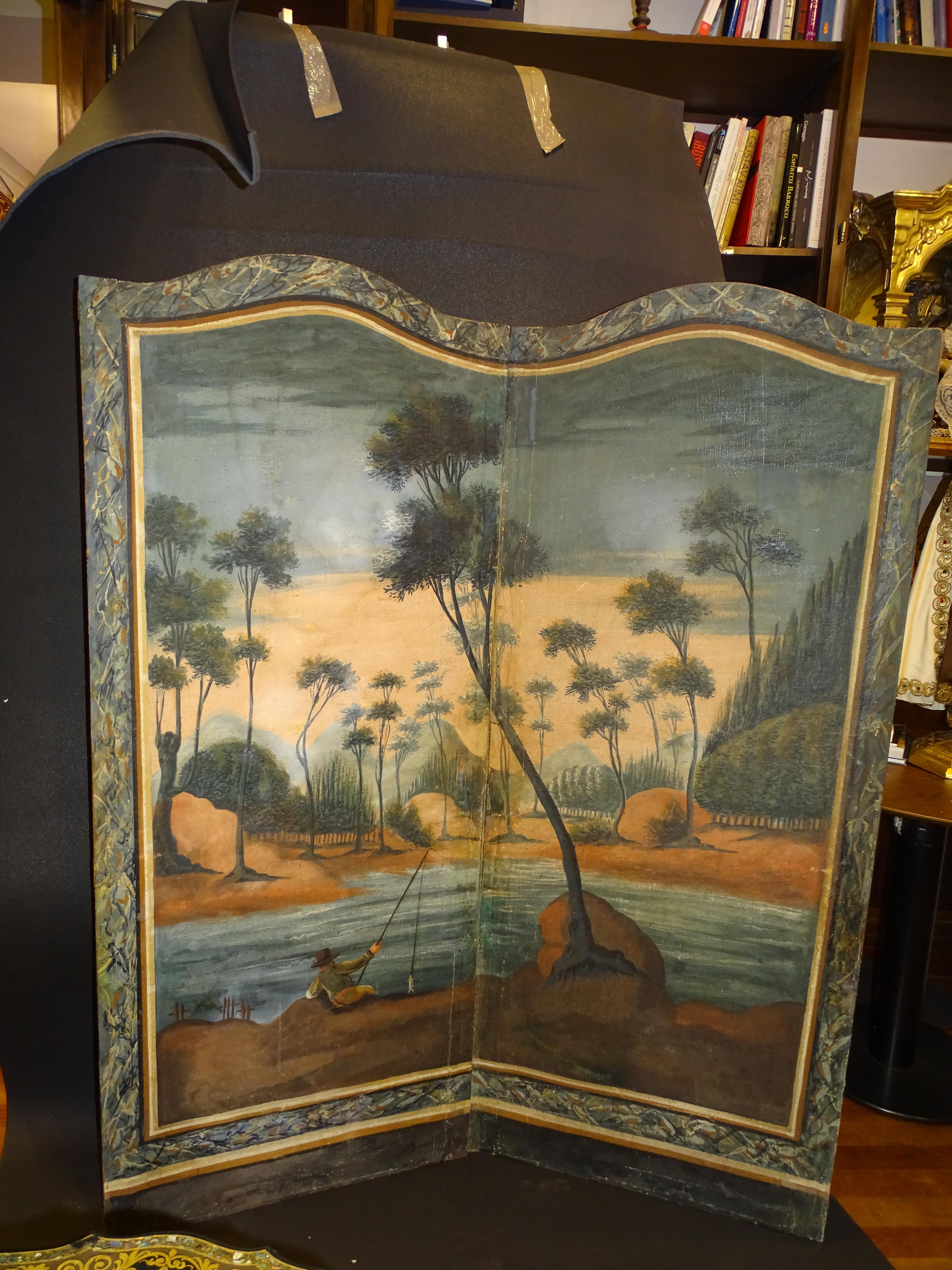 18th Century French Screen Oil on Canvas, Two Leaf, Landscape 10