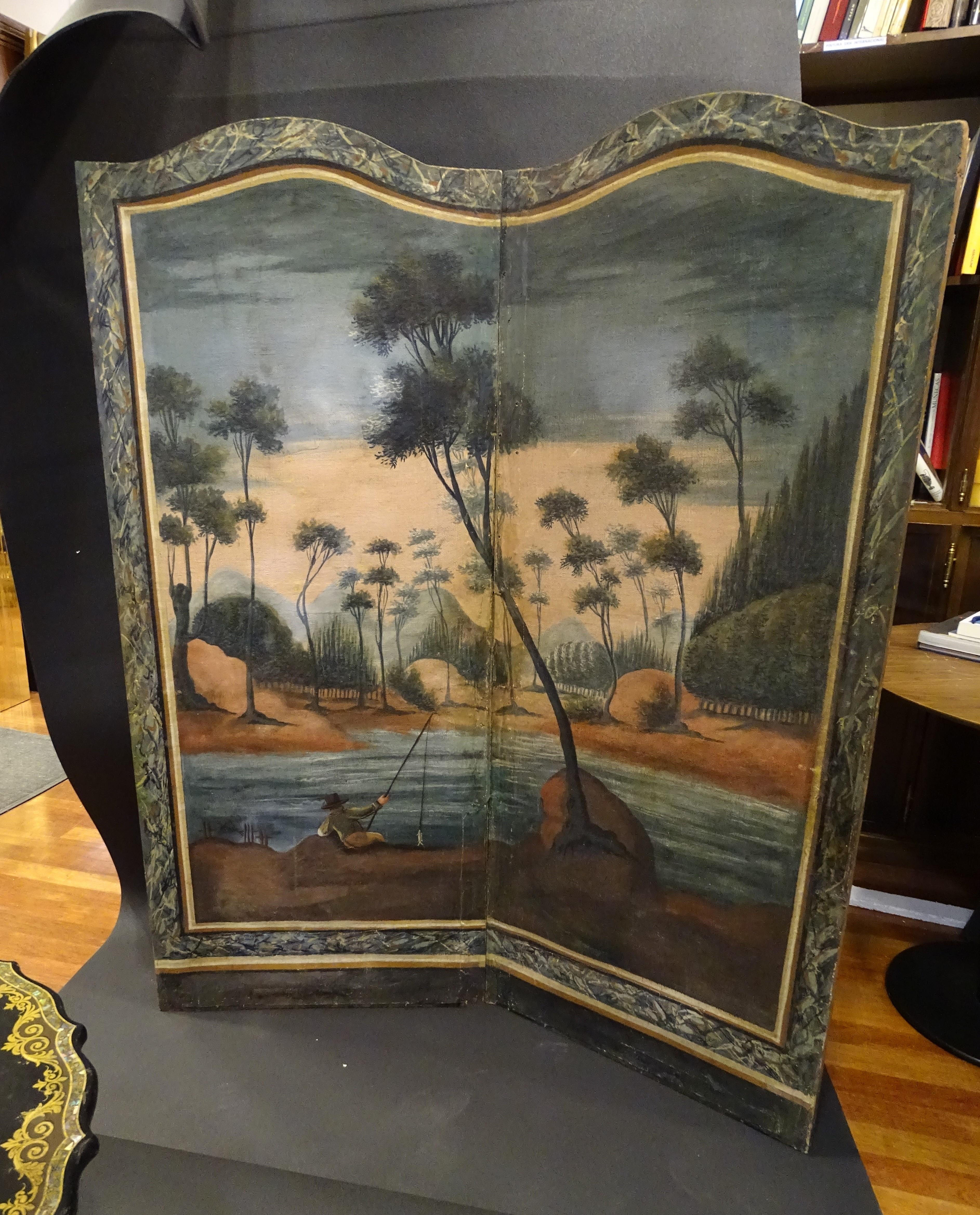 Baroque 18th Century French Screen Oil on Canvas, Two Leaf, Landscape