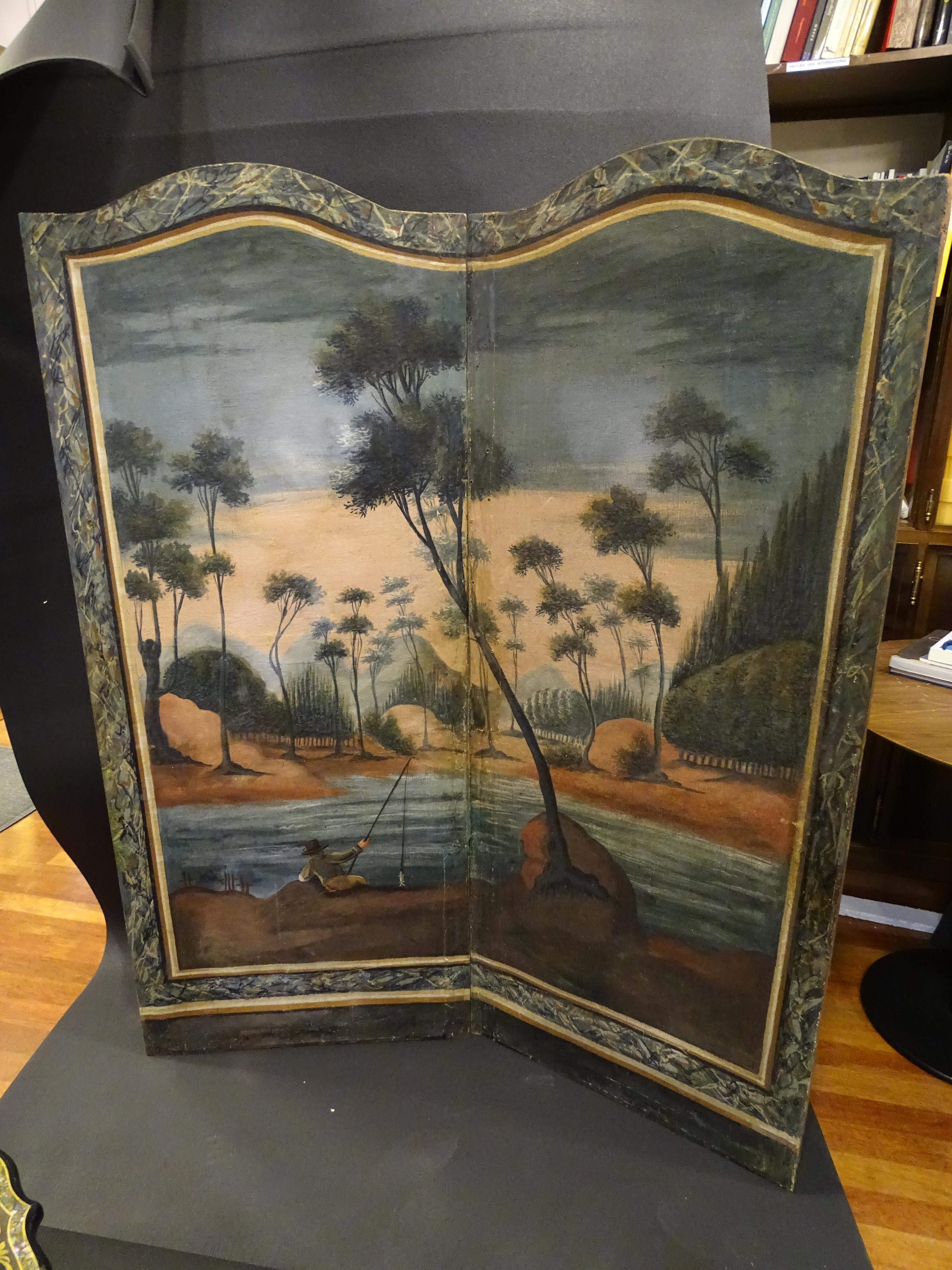 Hand-Painted 18th Century French Screen Oil on Canvas, Two Leaf, Landscape