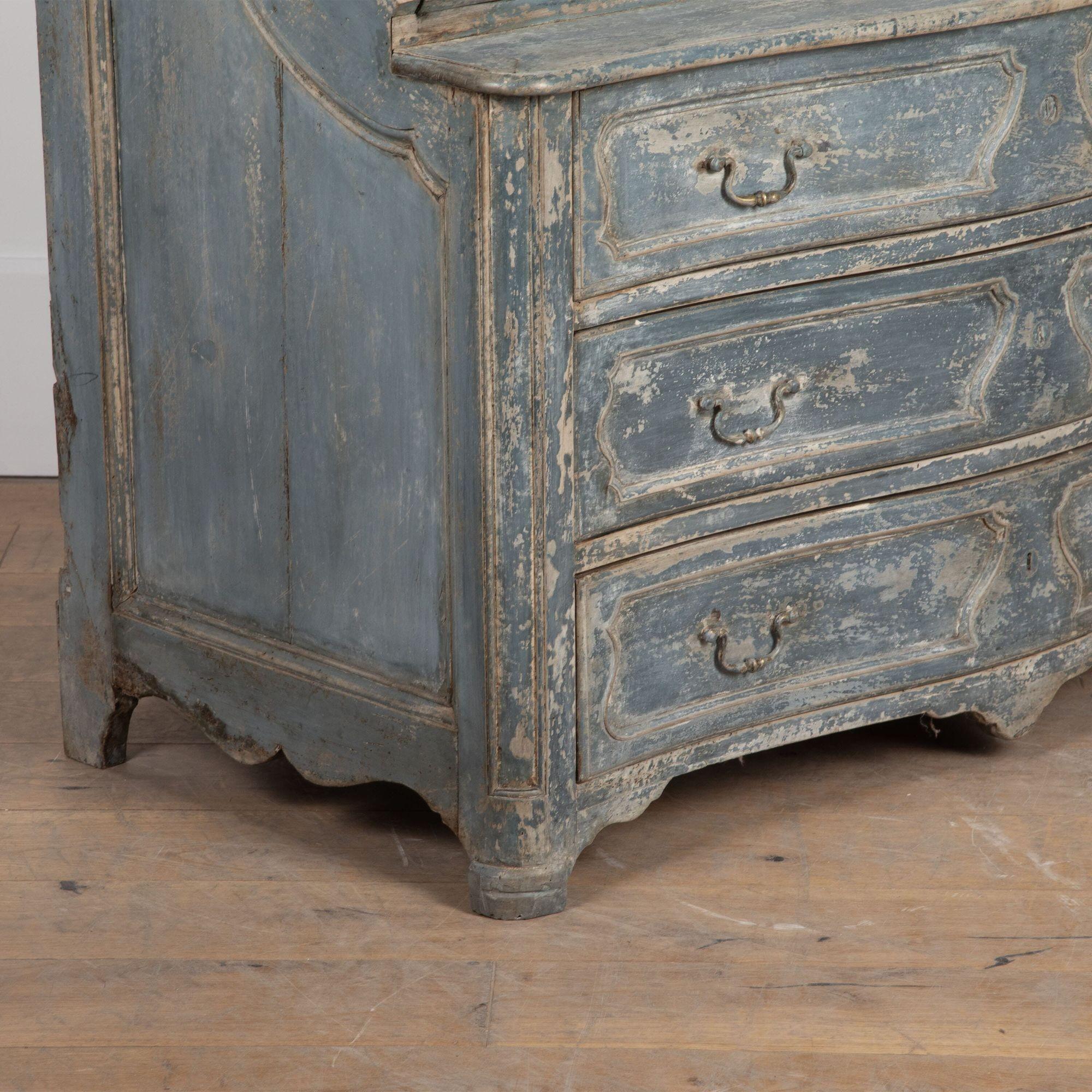 18th Century French Serpentine Bureau in Original Blue Paint 3