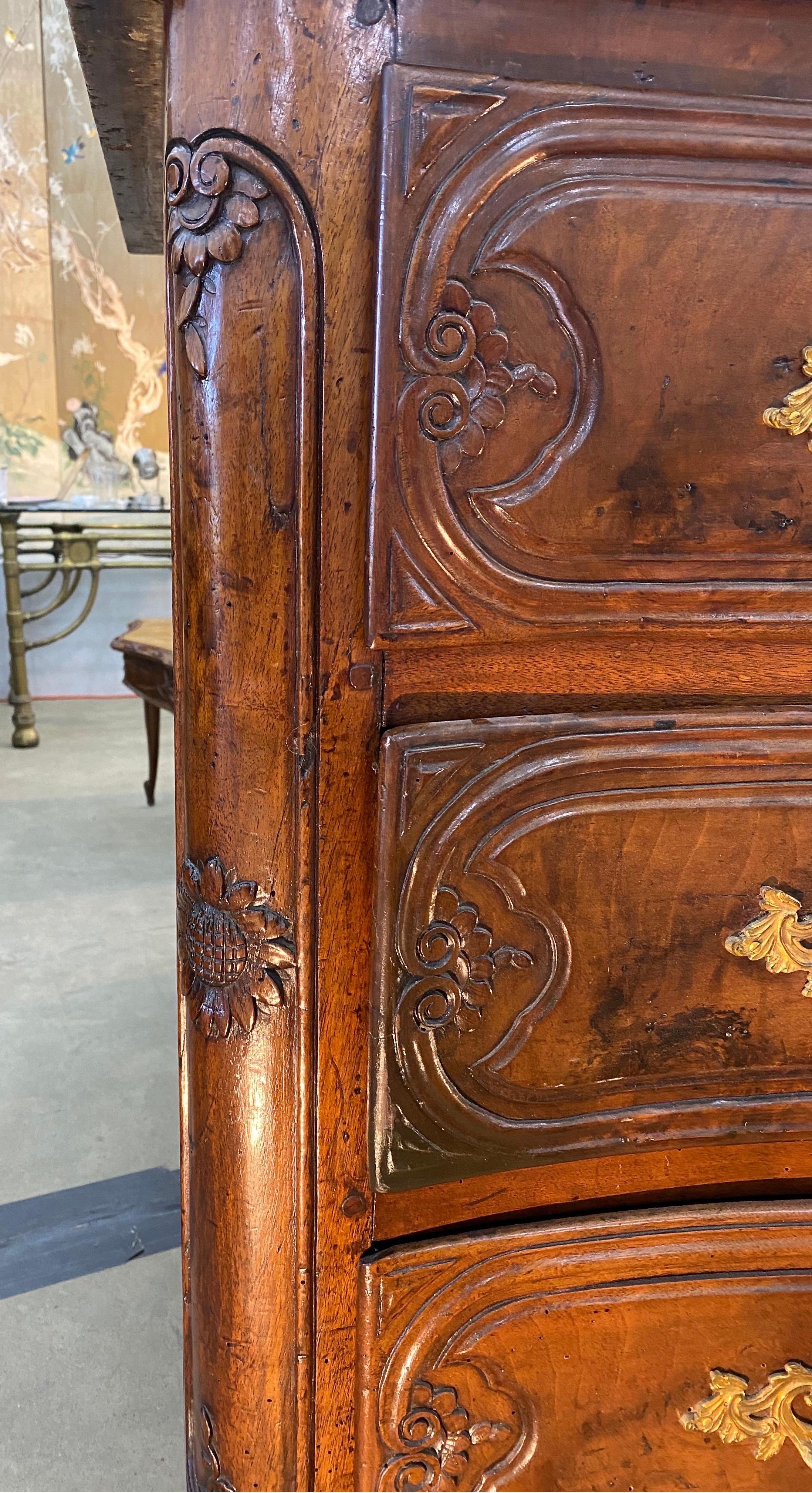 18th Century French Serpentine Marble Top Walnut Commode with Sunflowers 1