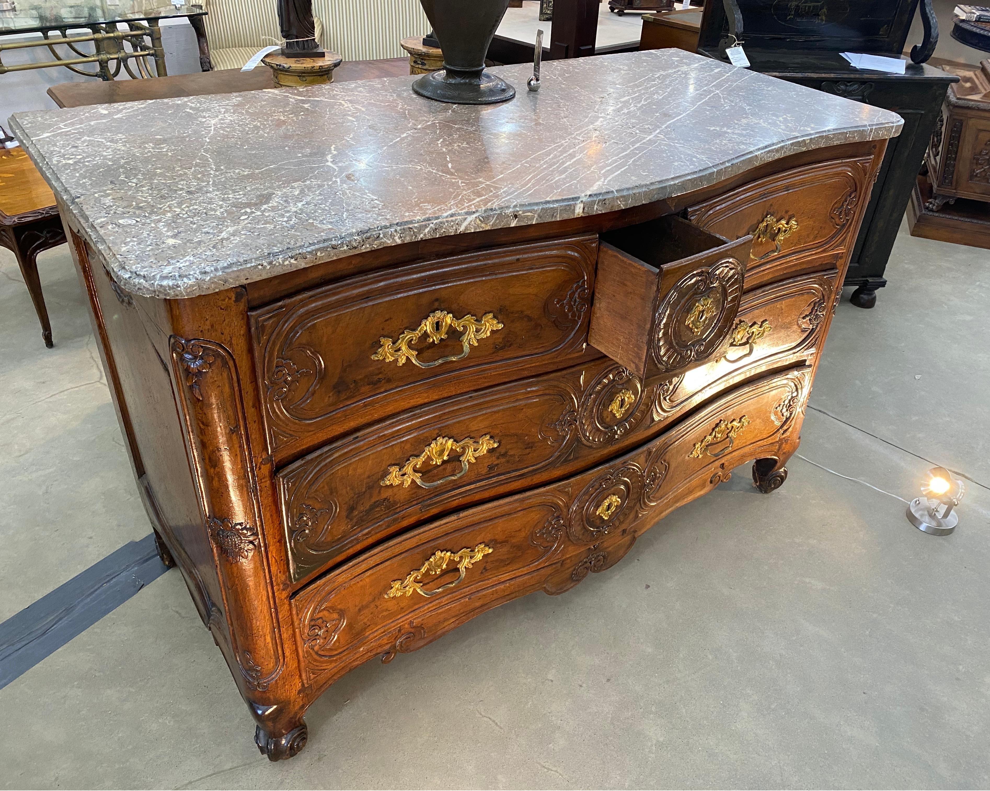 18th Century French Serpentine Marble Top Walnut Commode with Sunflowers 3