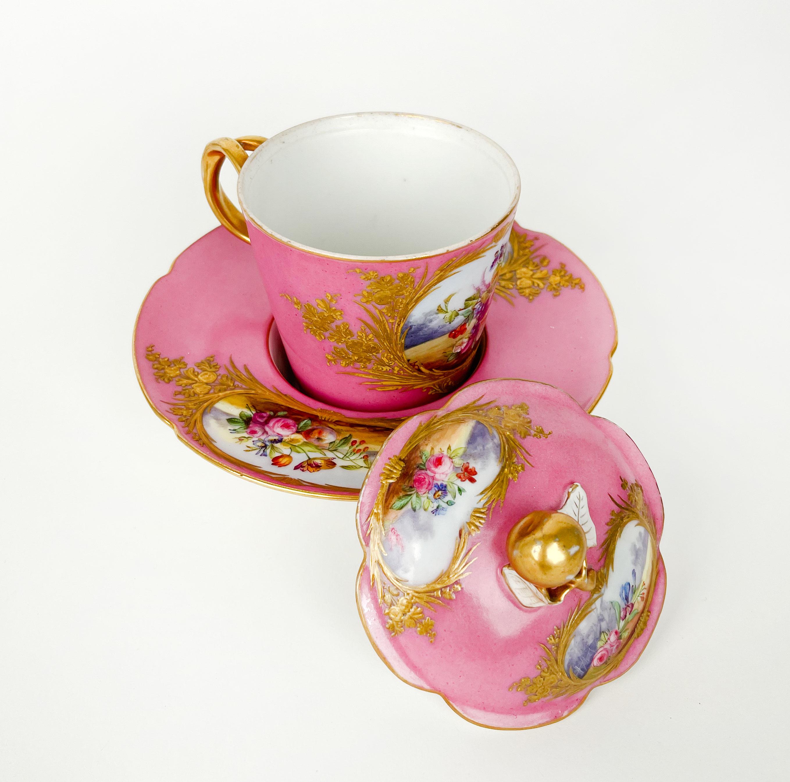 18th Century French sevres porcelain cup & saucer. The Manufacture nationale de Sèvres is one of the principal European porcelain factories. It is located in Sèvres, Hauts-de-Seine, France. It is the continuation of Vincennes porcelain, founded in