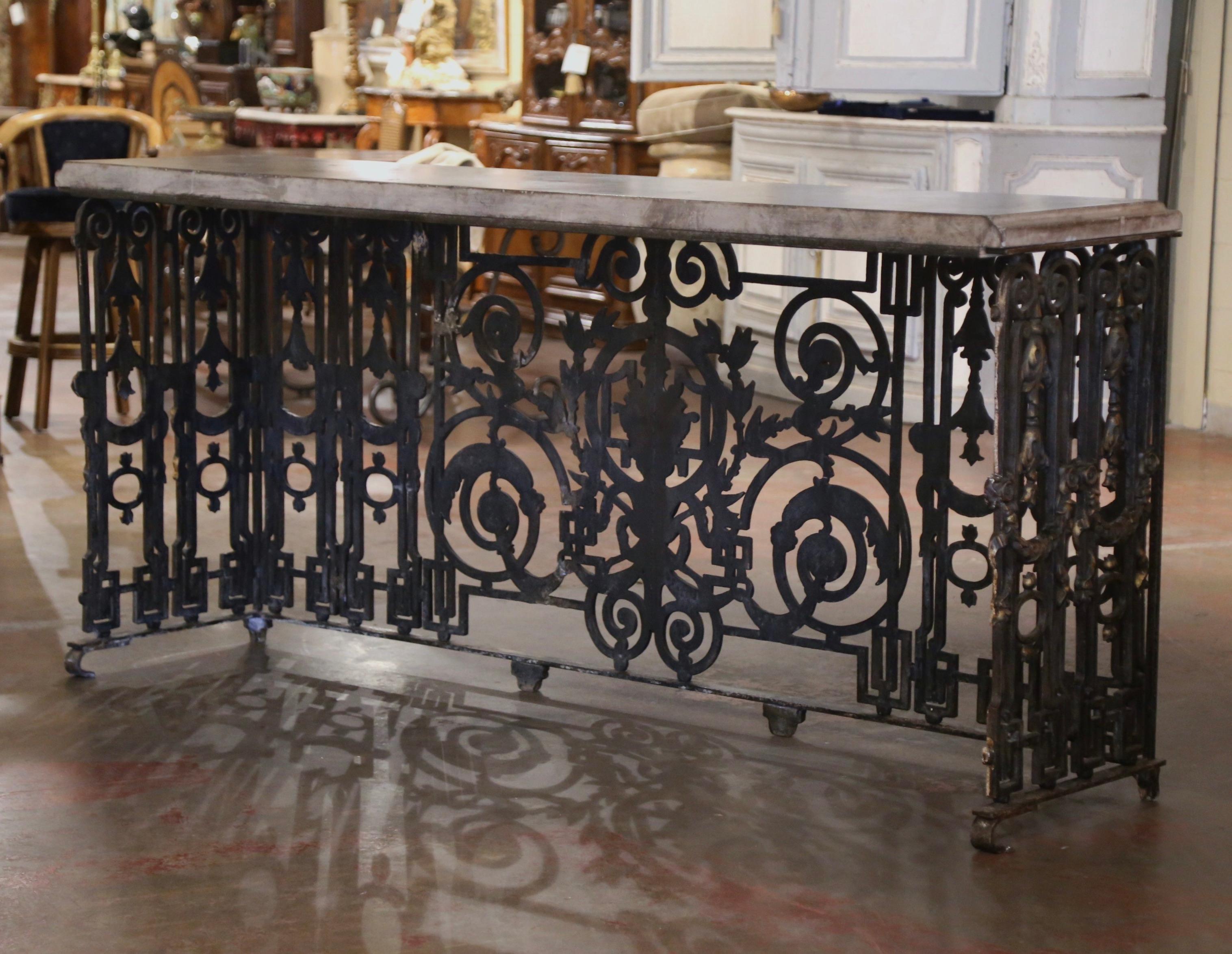 18th Century French Stone Top Painted and Gilt Wrought Iron Console Table 6