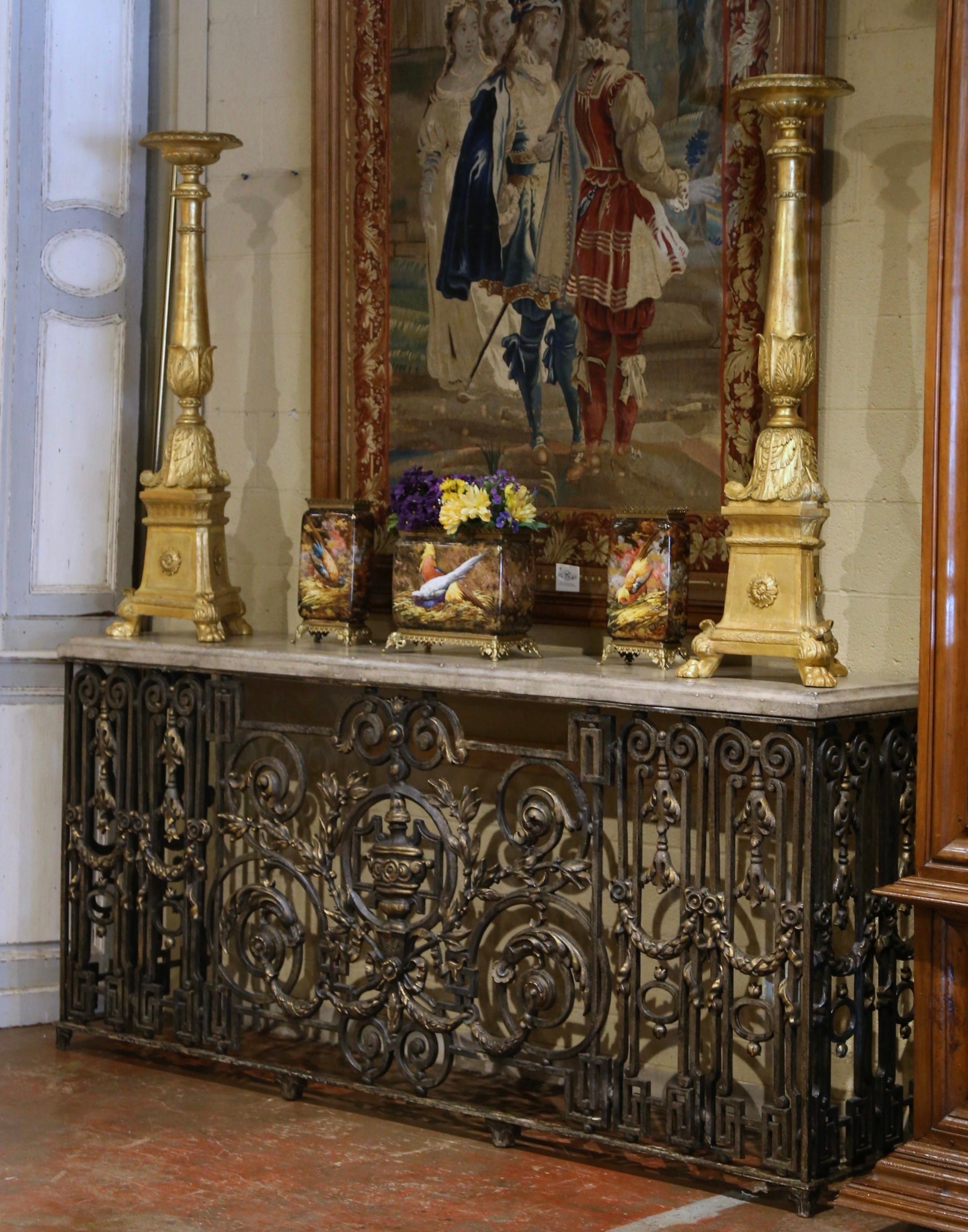 18th Century French Stone Top Painted and Gilt Wrought Iron Console Table 7