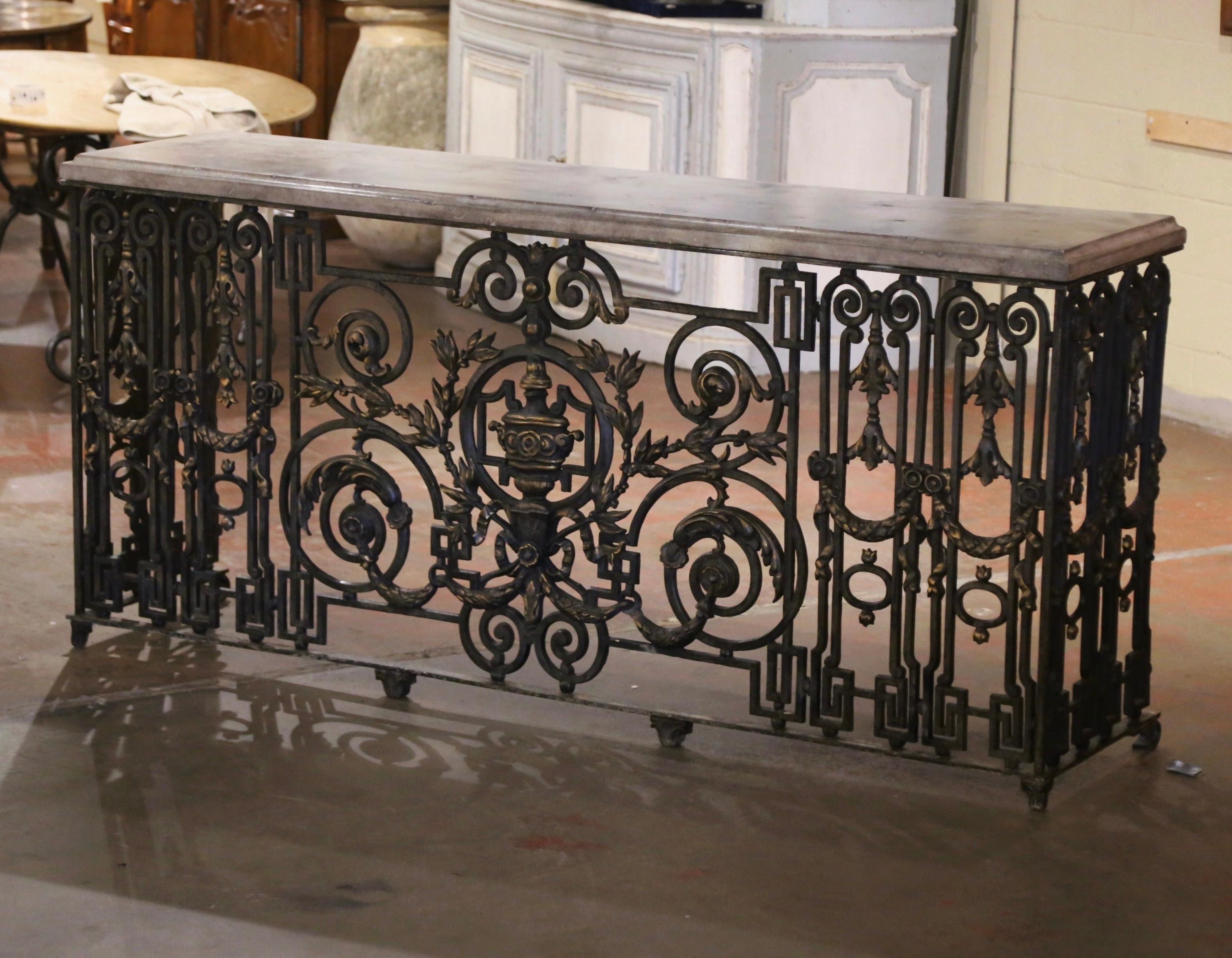 18th Century French Stone Top Painted and Gilt Wrought Iron Console Table 1