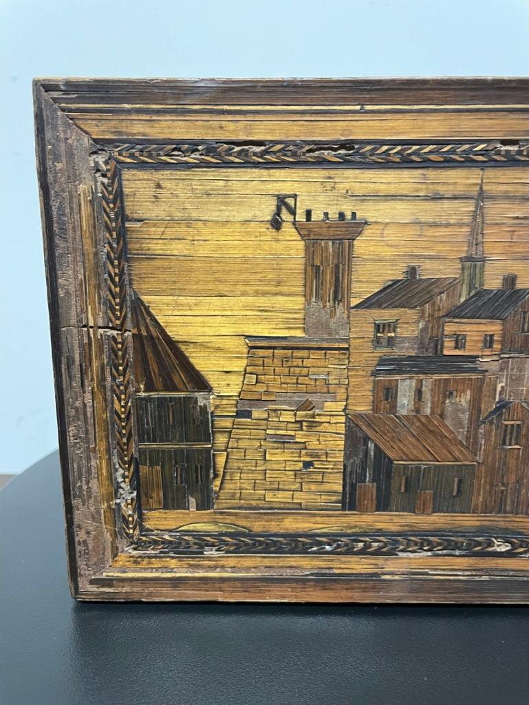 A beautiful 'as is' late 18th or early 19th century example of 'Marqueterie de Paille', or straw marquetry, work box. The top inlaid with a wonderful cityscape, with early architecture and what appears to be a tower under construction. The interior