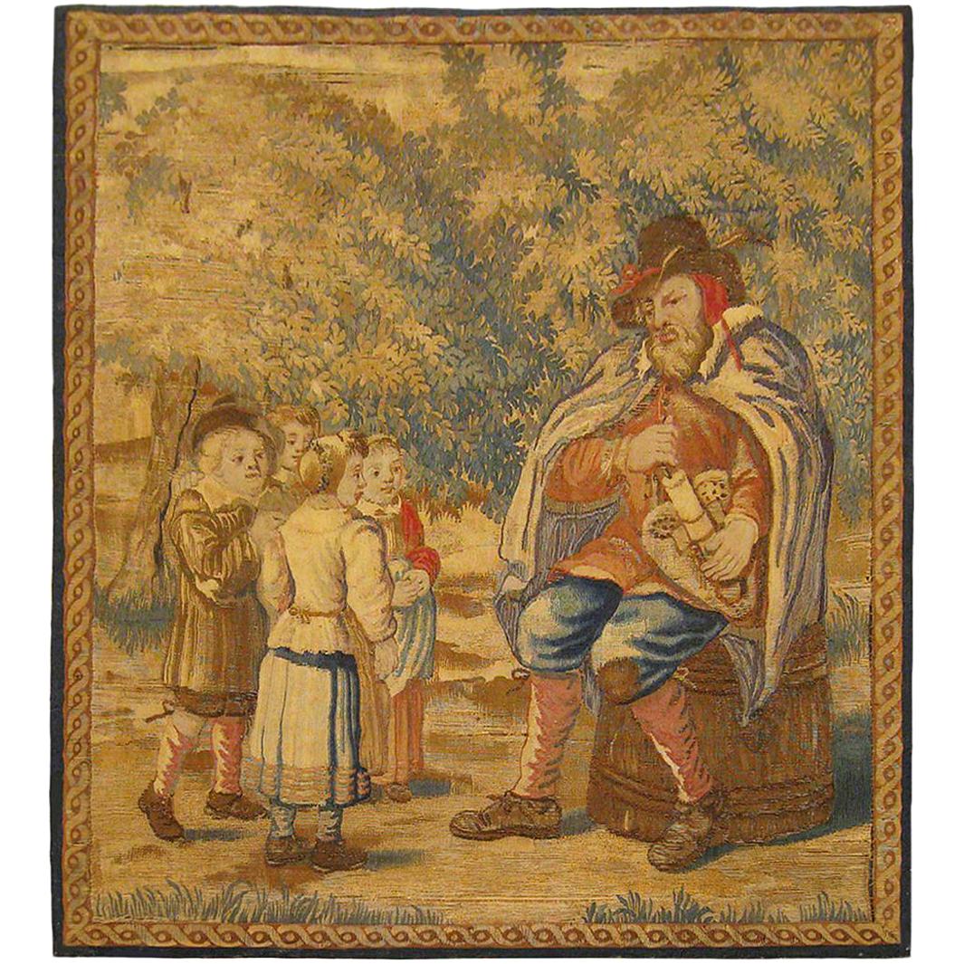 Gerahmt 18. Jahrhundert. Französischer rustikaler Wandteppich, ein Pädagoge, der Kinder in Musik unterrichtet