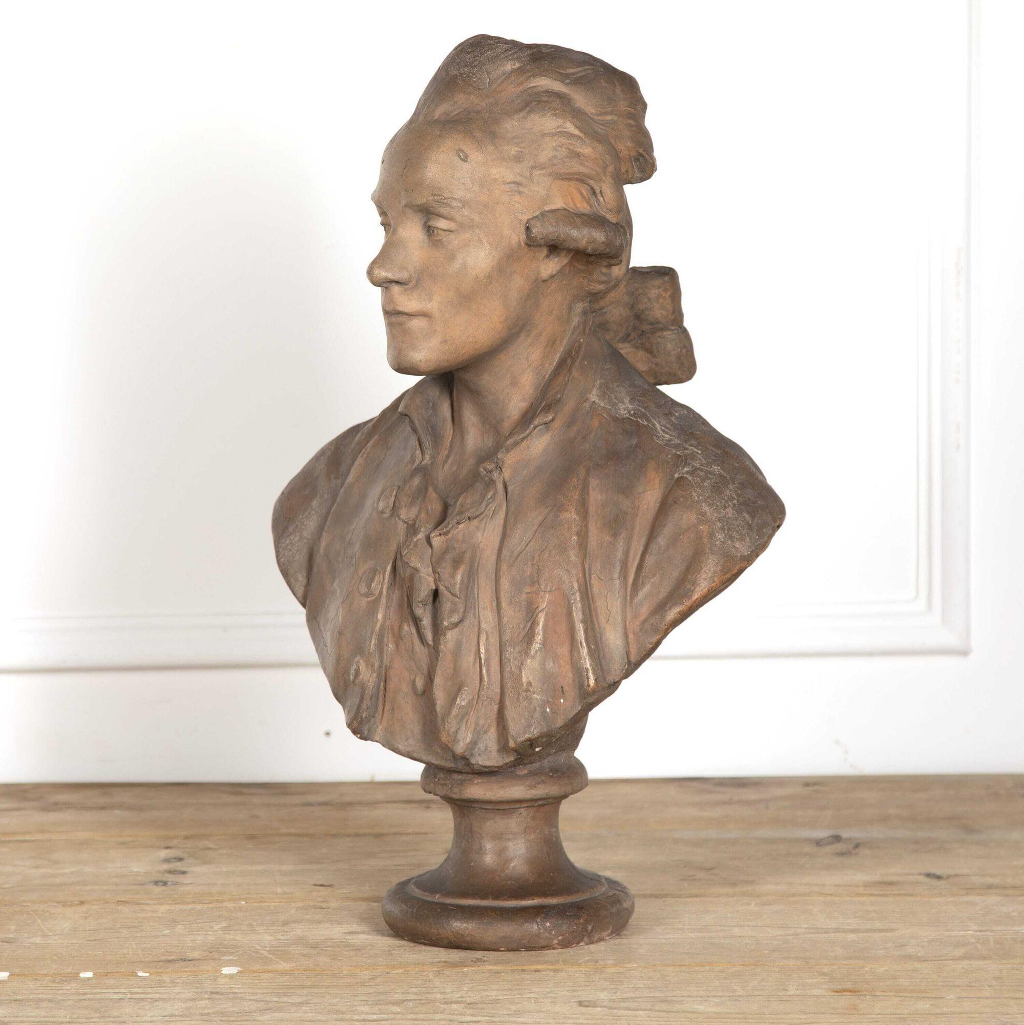 After a model attributed to Jean Antoine Houdon, of the poet Nicolas Joseph Laurent Gilbert (1750 - 1780).
Superbly sculpted in a coat and ruffled shirt set on a waisted socle.
The rear of the bust amazingly shows the sculptor's thumbprints where