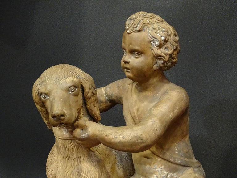 18th Century French Terracotta Sculpture, Child with Dog For Sale 4