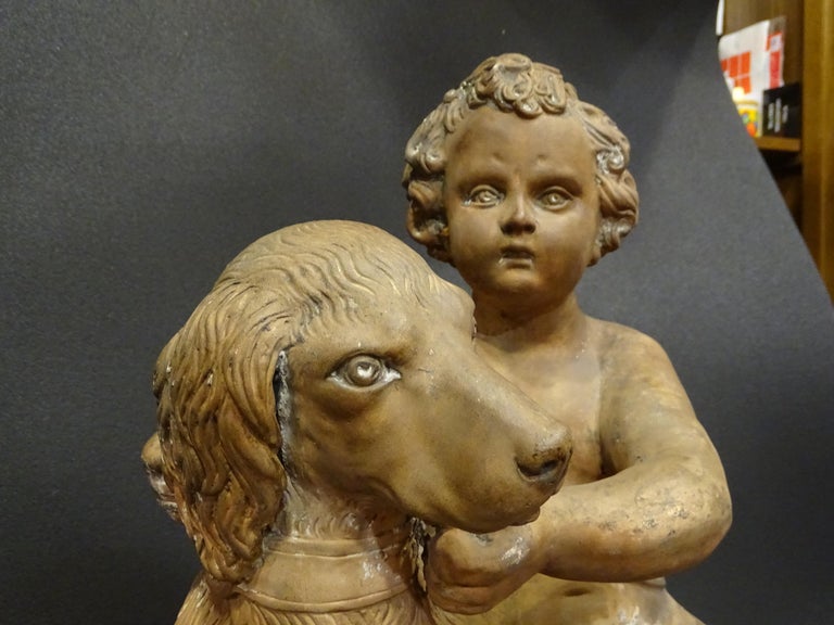 18th Century French Terracotta Sculpture, Child with Dog For Sale 5