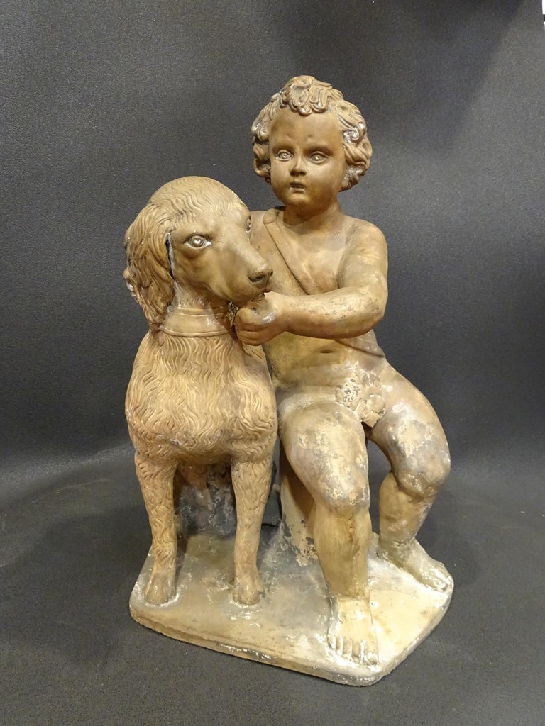 Baroque 18th Century French Terracotta Sculpture, Child with Dog For Sale