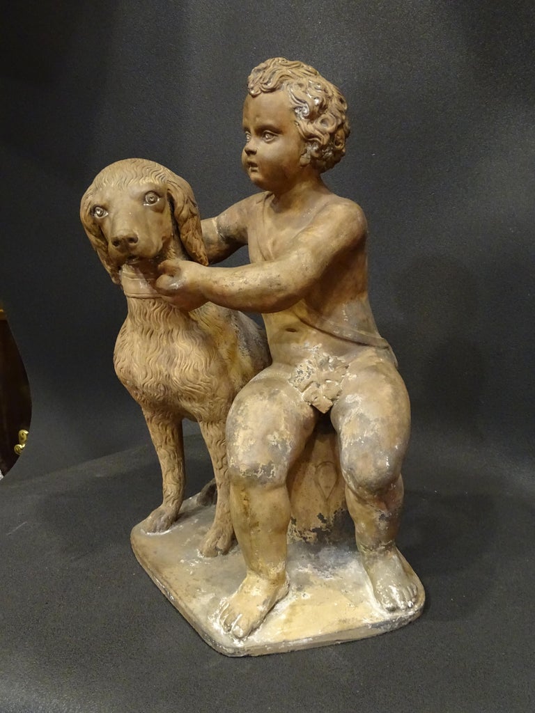 Italian 18th Century French Terracotta Sculpture, Child with Dog For Sale