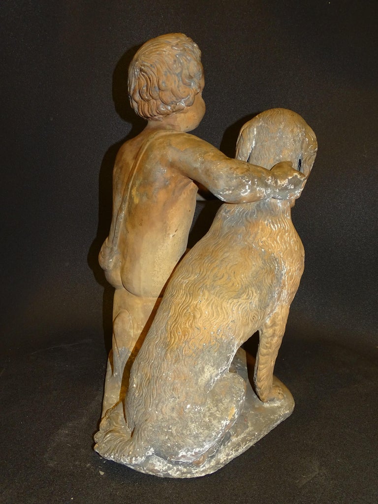 18th Century French Terracotta Sculpture, Child with Dog For Sale 2