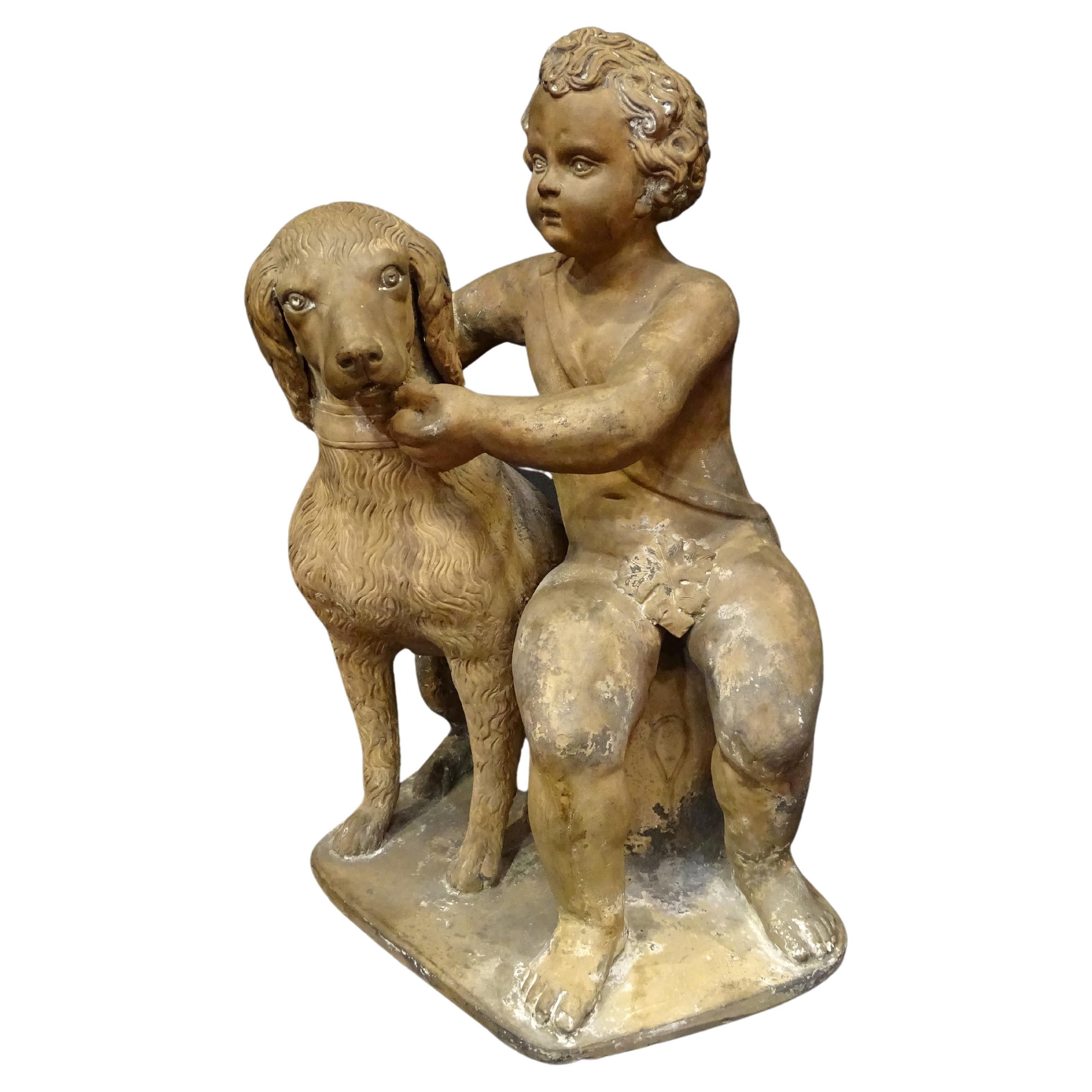 18th Century French Terracotta Sculpture, Child with Dog