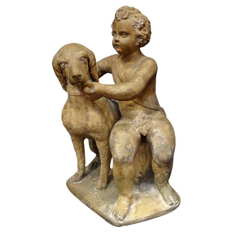 18th Century French Terracotta Sculpture, Child with Dog For Sale