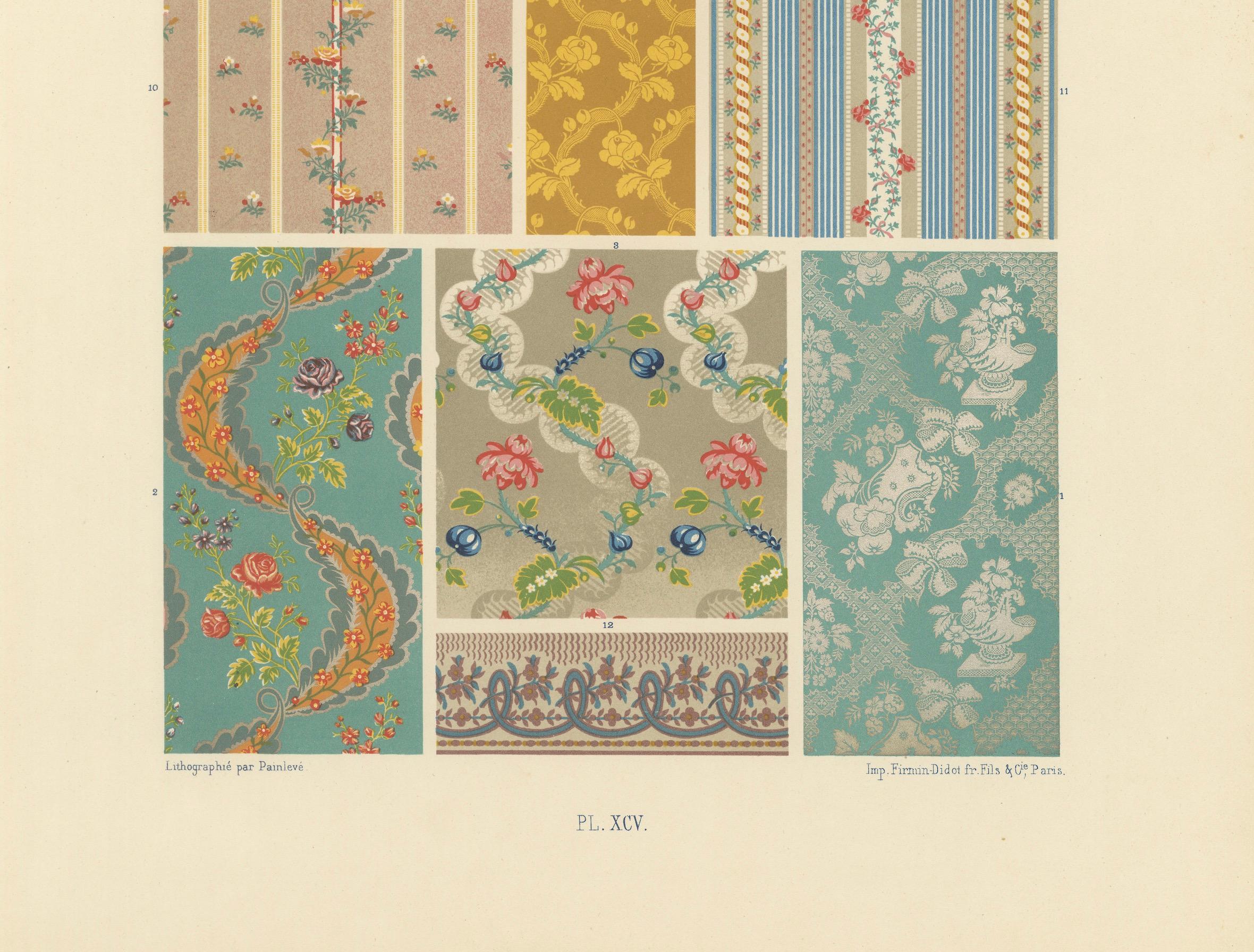 Motifs textiles français du XVIIIe siècle - Tissus rococo à fleurs et à rayures, planche XCV

Cette vibrante chromolithographie, la Collection XCV de *L'Ornement Polychrome*, présente une collection richement variée de motifs textiles français du