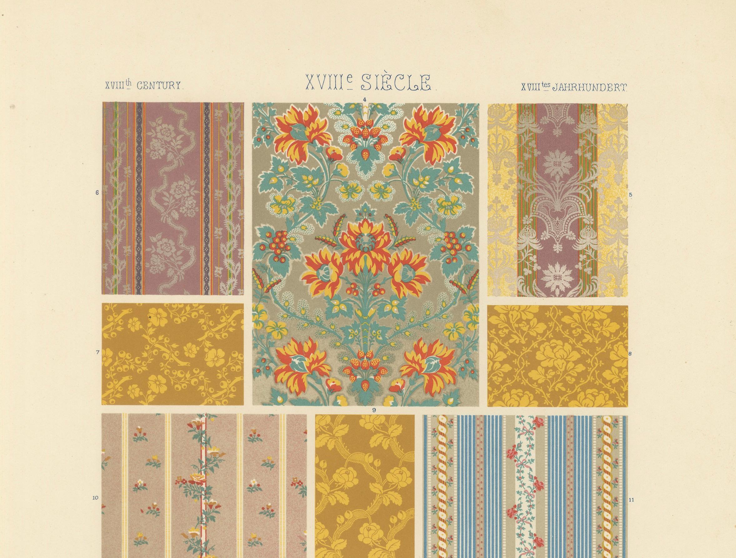 Français Modèles de textiles français du XVIIIe siècle - Tissus floraux et rayés Rococo, 1869 en vente
