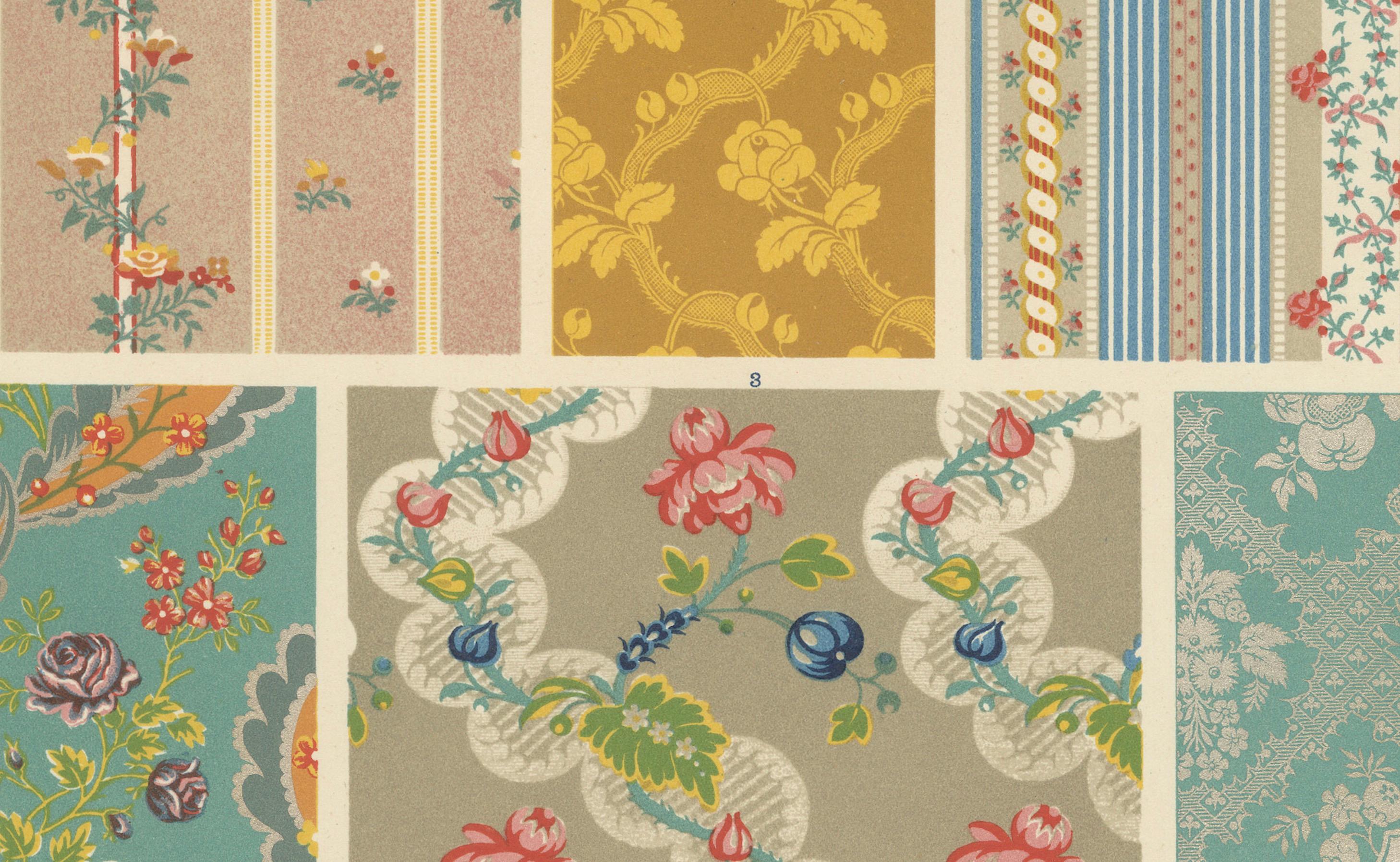 Modèles de textiles français du XVIIIe siècle - Tissus floraux et rayés Rococo, 1869 Bon état - En vente à Langweer, NL