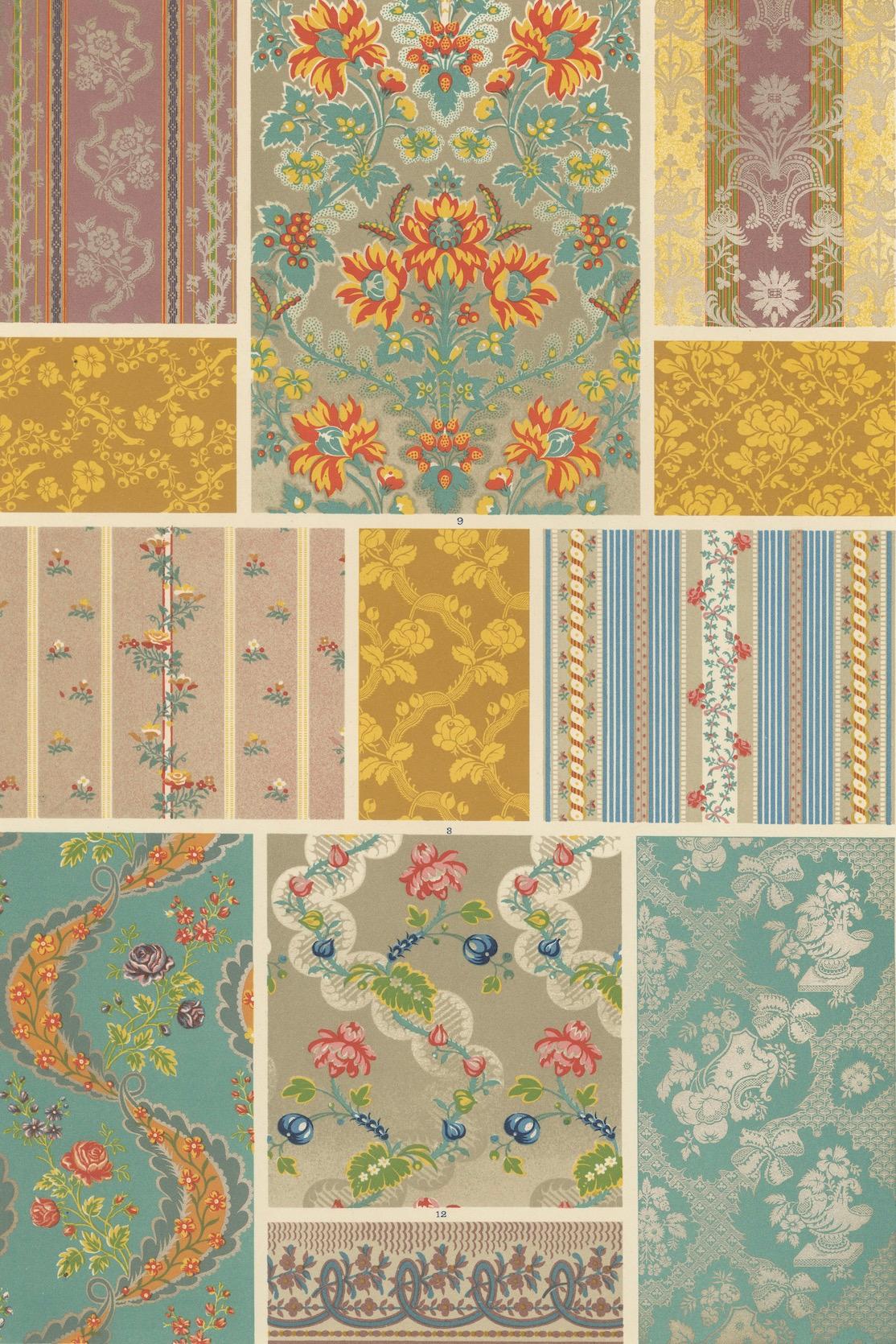 Papier Modèles de textiles français du XVIIIe siècle - Tissus floraux et rayés Rococo, 1869 en vente