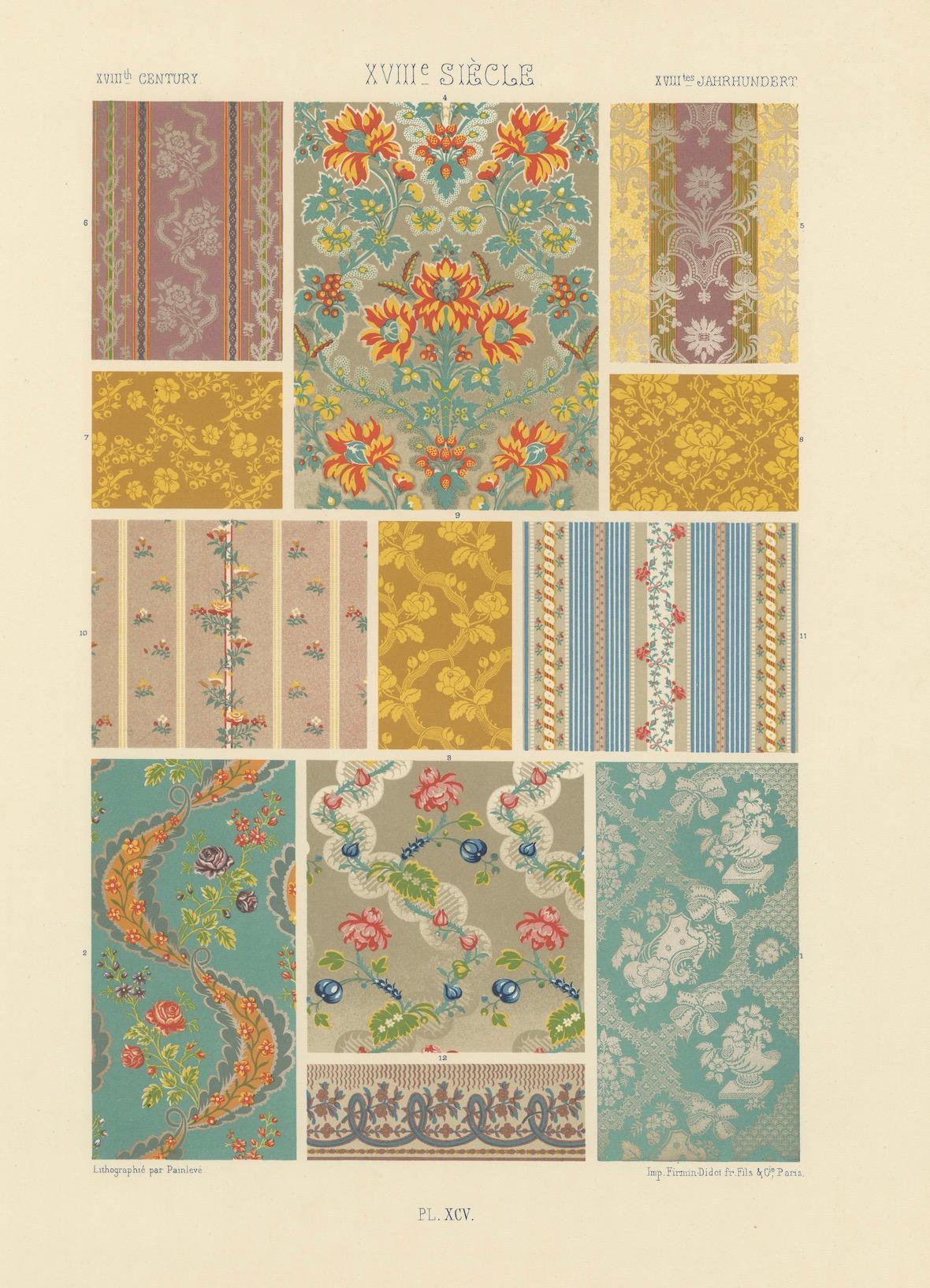 Modèles de textiles français du XVIIIe siècle - Tissus floraux et rayés Rococo, 1869 en vente 1