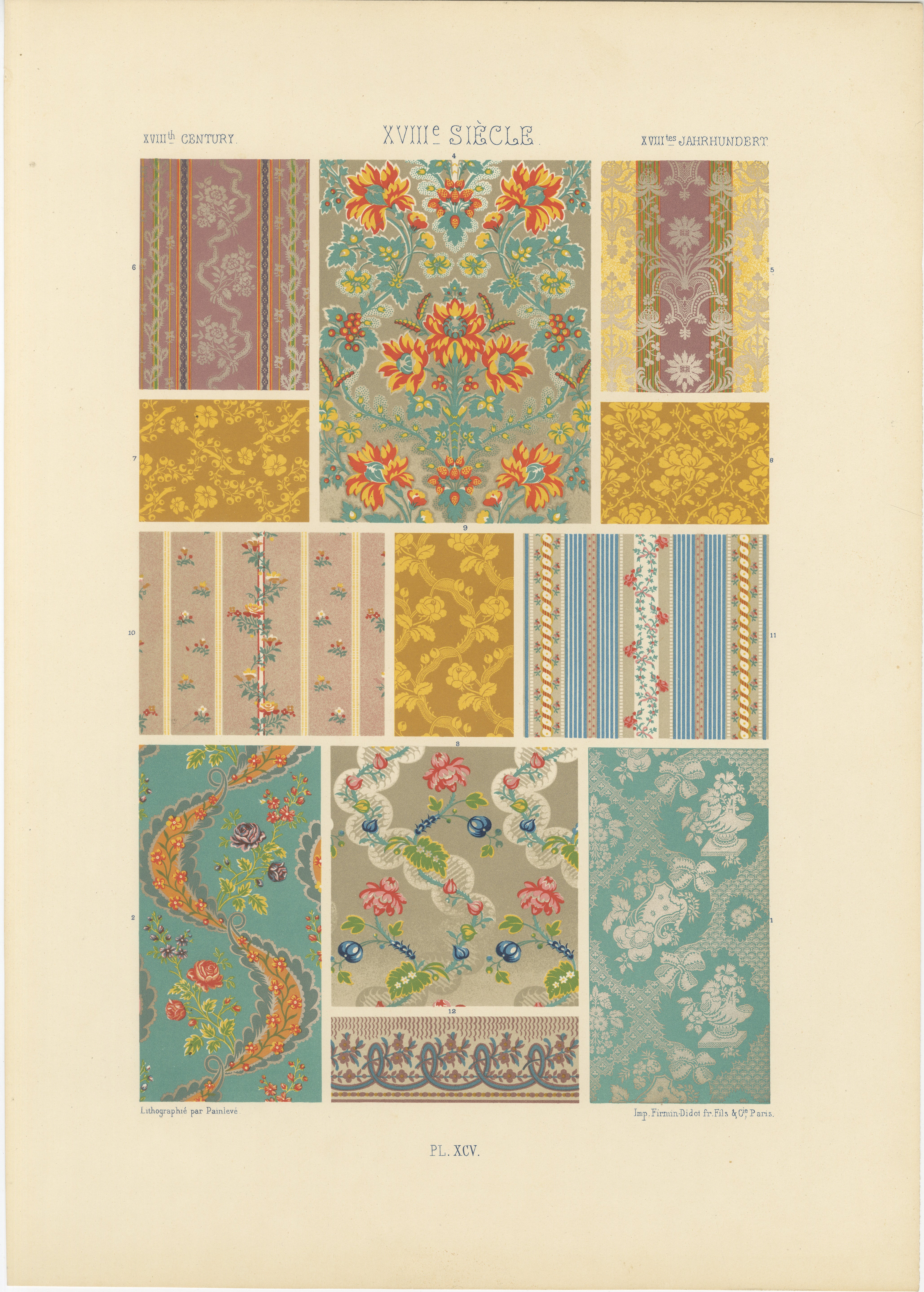 Modèles de textiles français du XVIIIe siècle - Tissus floraux et rayés Rococo, 1869 en vente