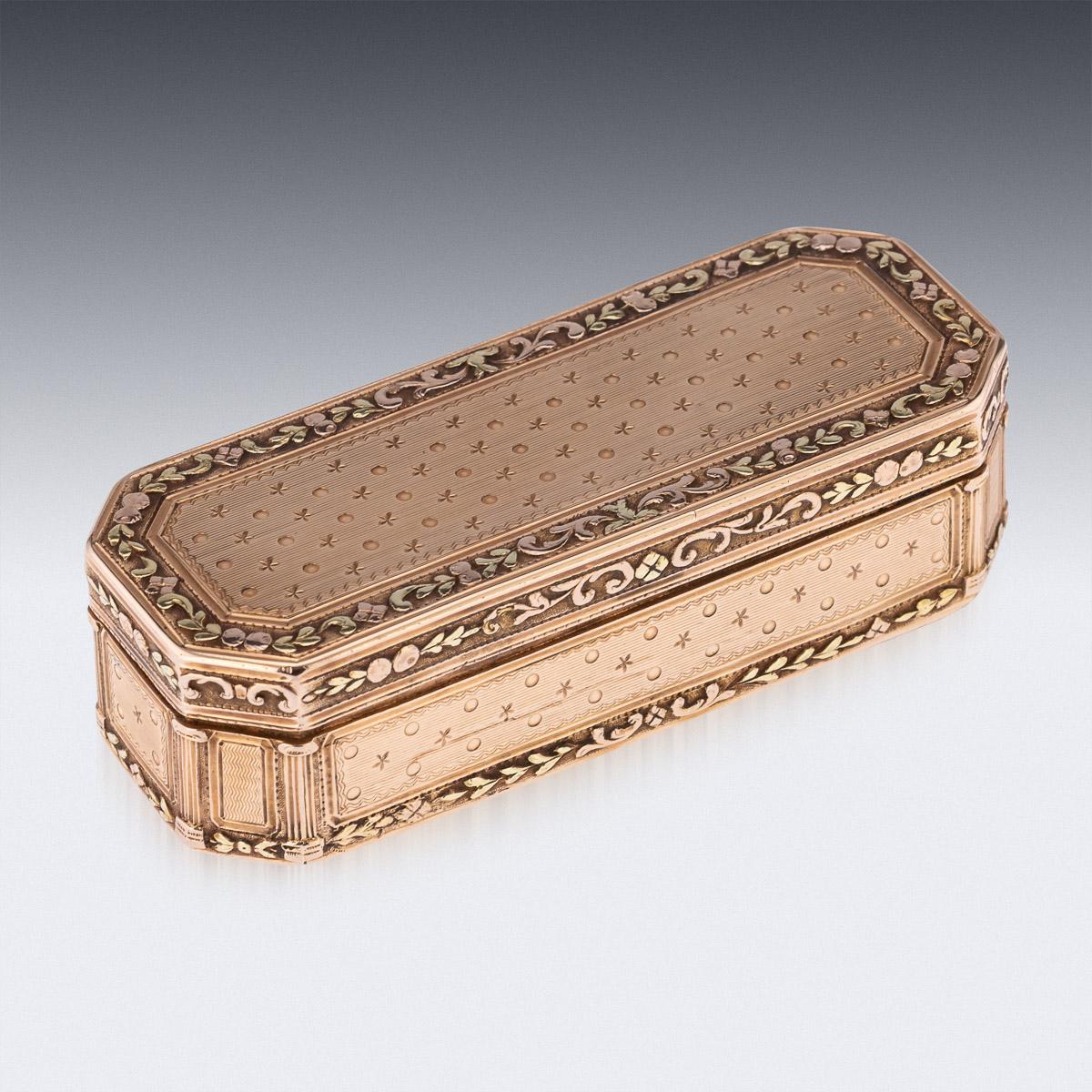 Antique late-18th century French three-coloured 18k gold snuff box, of elongated rectangular form with cut corners, all sides beautifully engraved with engine turned decoration, stamped with dots and stars, boarders decorated with laurel leaves and