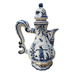 18th-century French tin-glazed pottery wine ewer, Chinoiserie scene, 1780