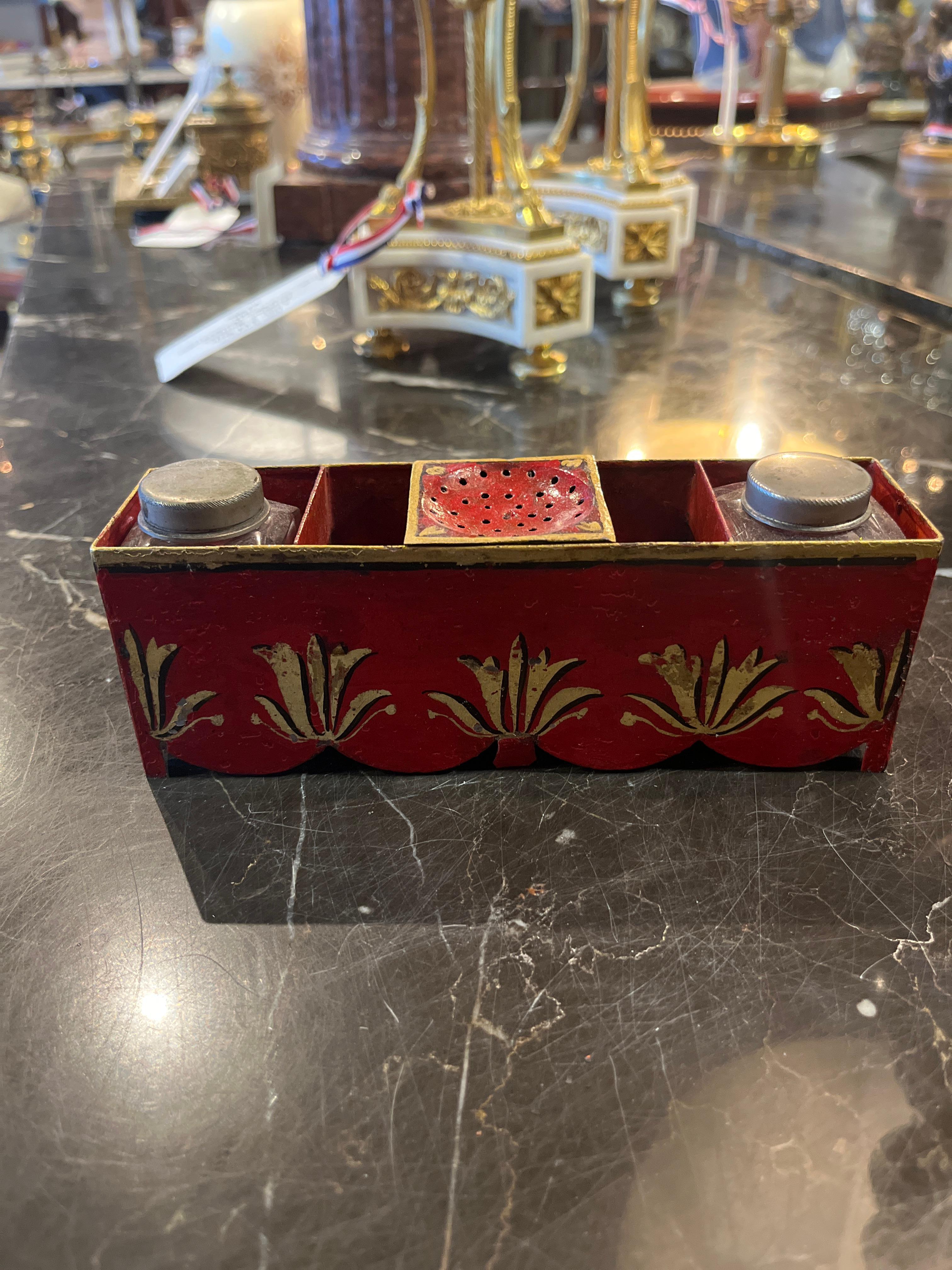 18th Century and Earlier 18th Century French Tole Painted Ink Stand For Sale