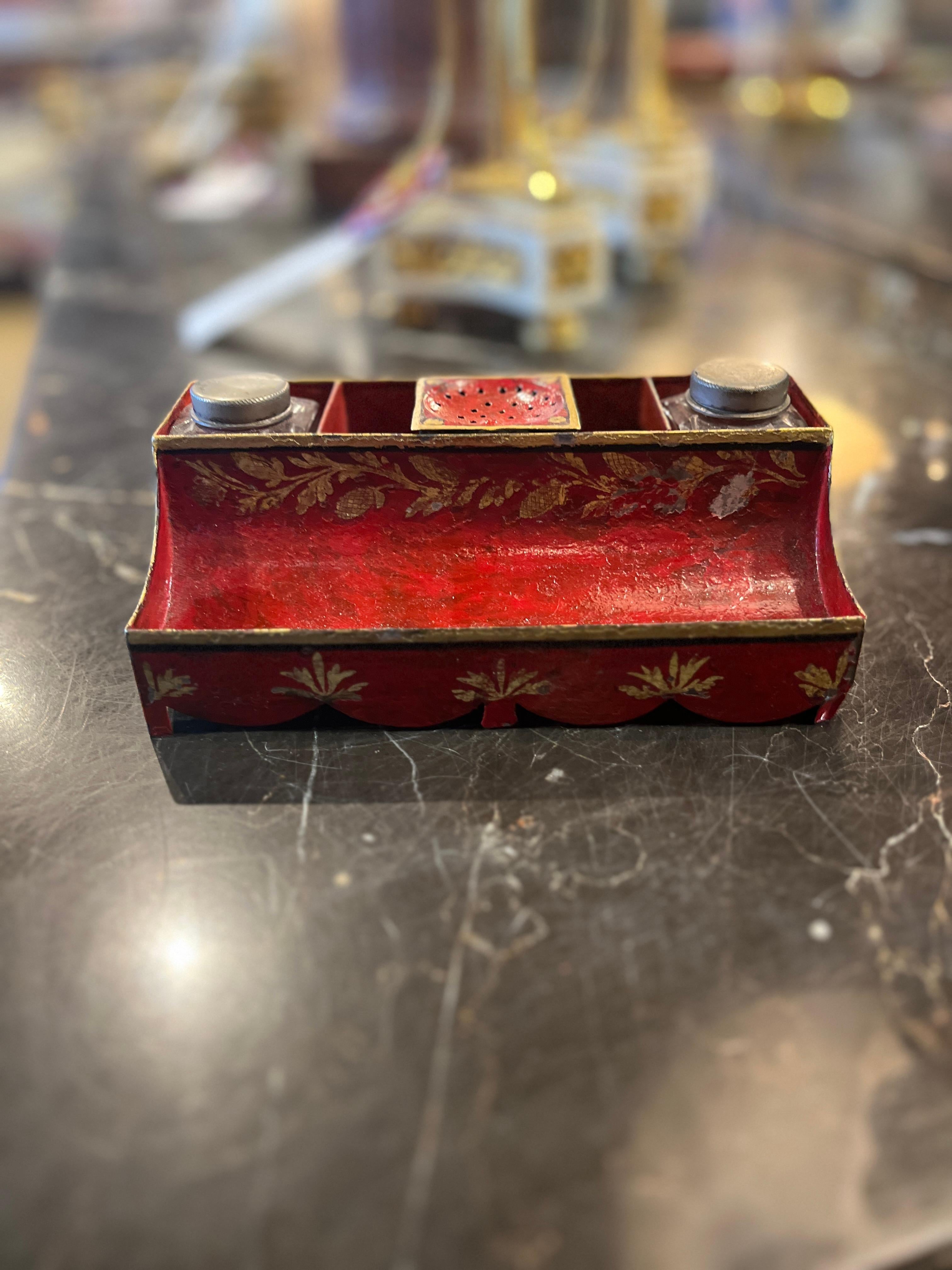 Metal 18th Century French Tole Painted Ink Stand For Sale
