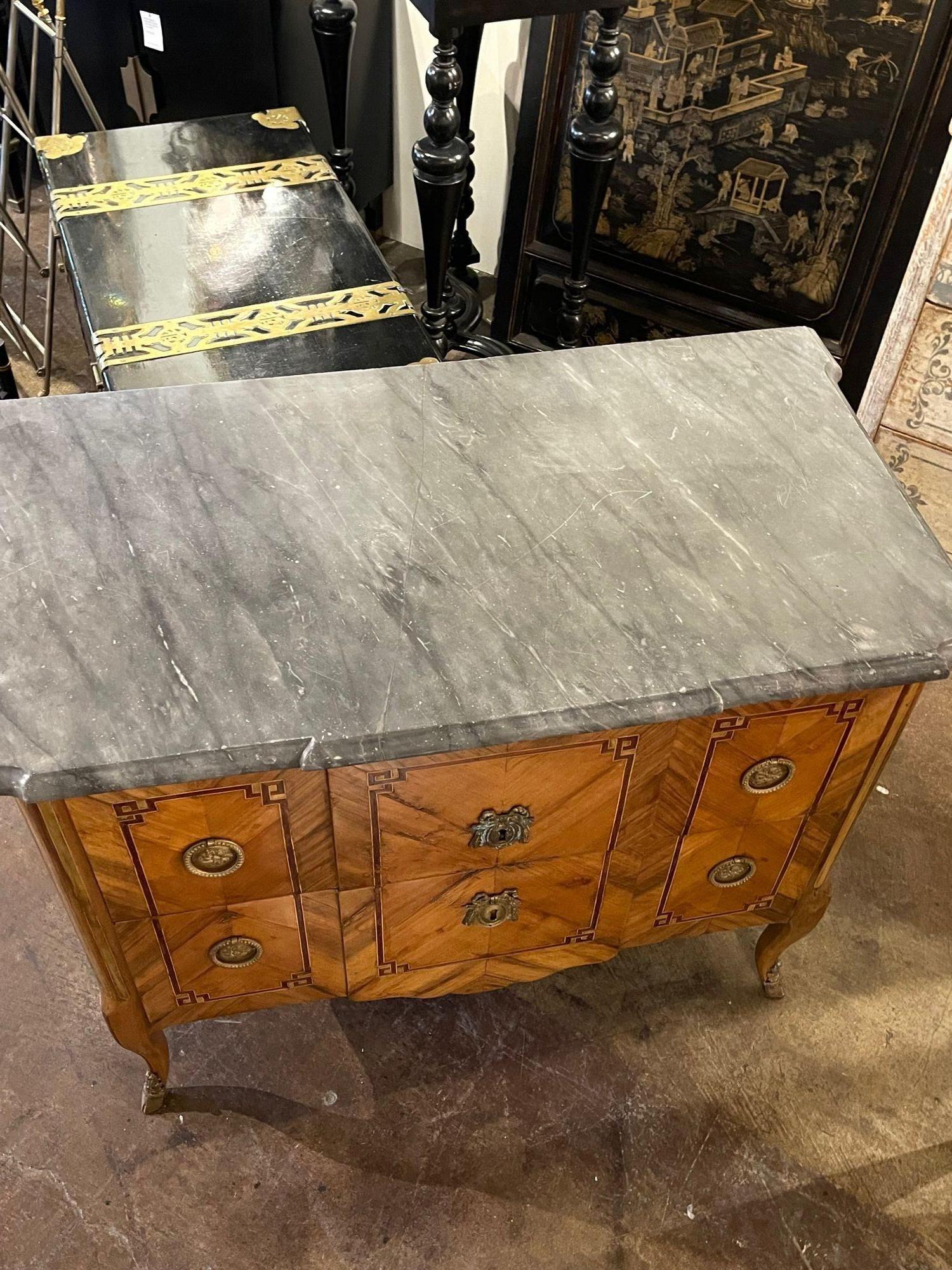 Marble 18th Century French Transitional Inlaid Walnut Commode