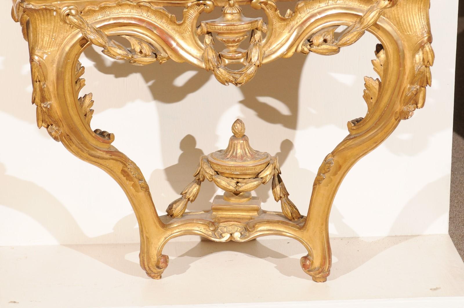 Marble 18th Century French Transitional Louis XV/XVI Wall-Mounted Giltwood Console  For Sale