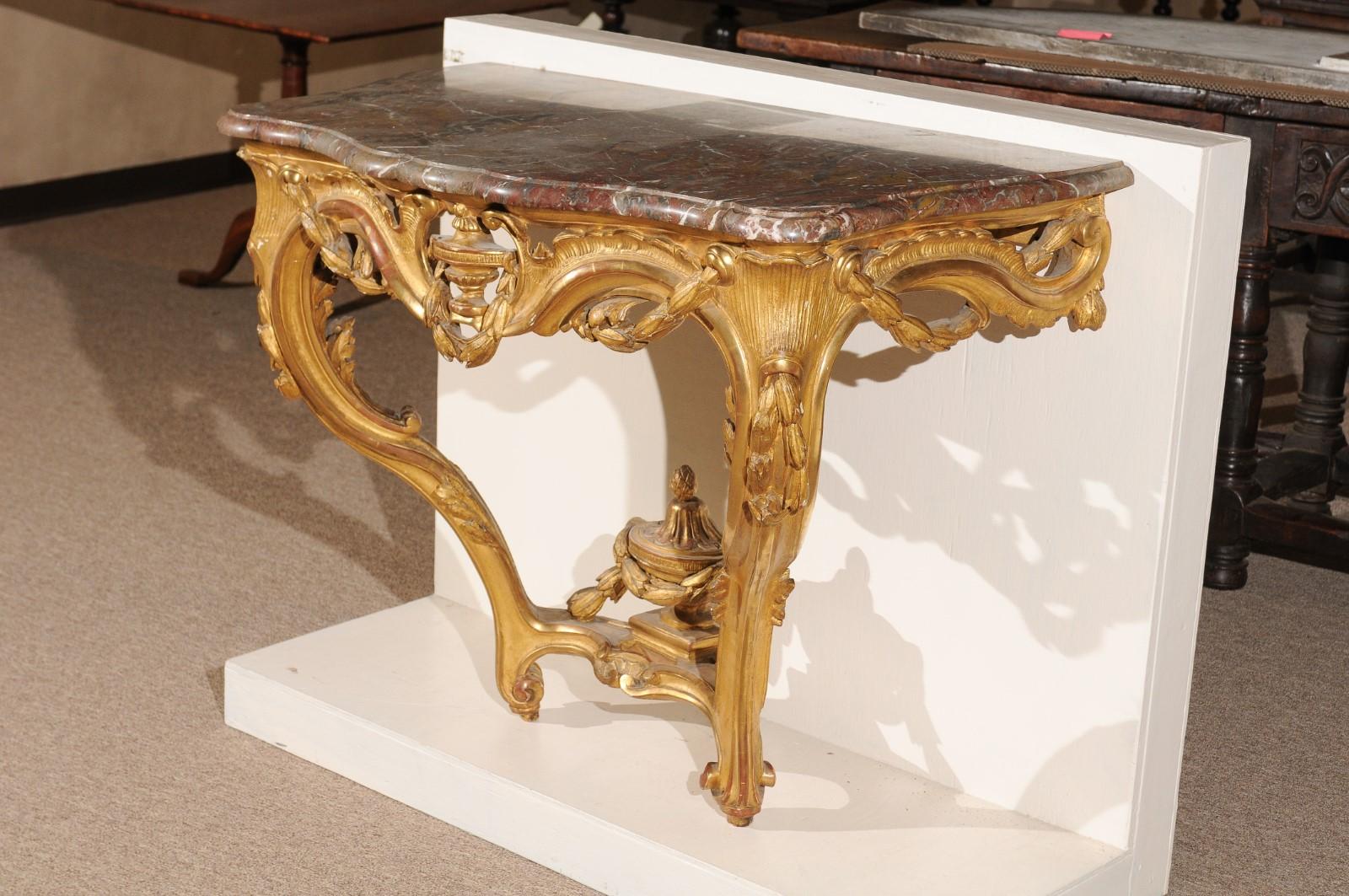 18th Century French Transitional Louis XV/XVI Wall-Mounted Giltwood Console  For Sale 2